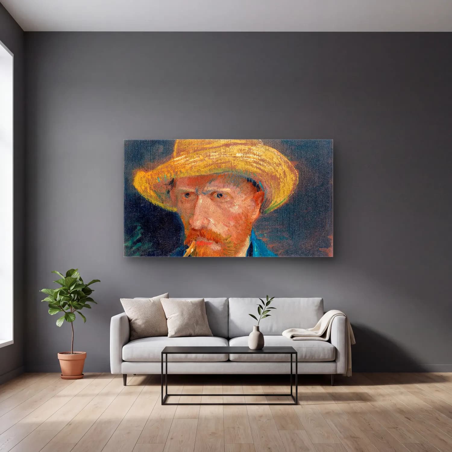 Vincent van Gogh – Self-portrait No. 4 cam tablo — gri duvarlı salonda