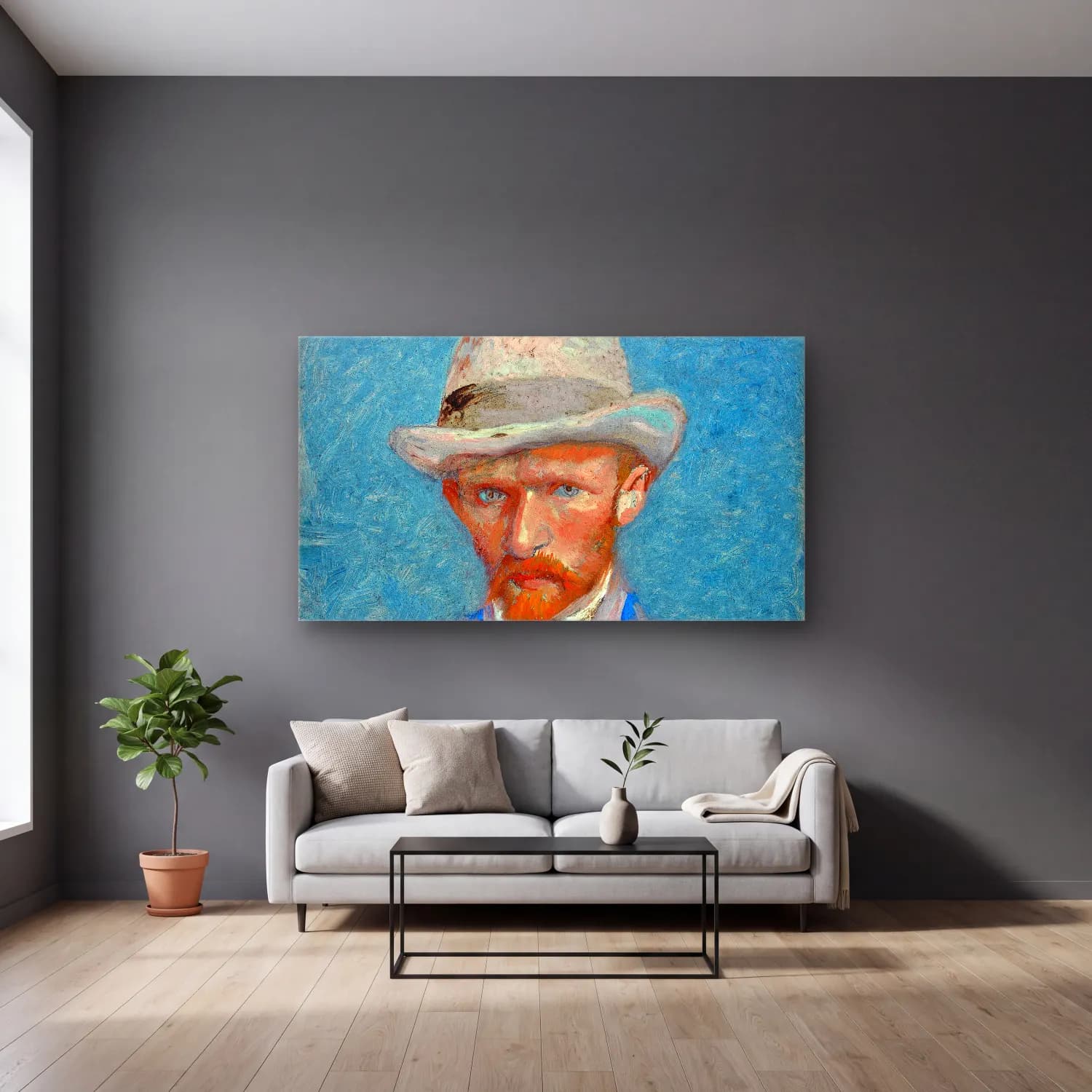 Vincent van Gogh – Self-portrait – Mavi Tonlar cam tablo — gri duvarlı salonda