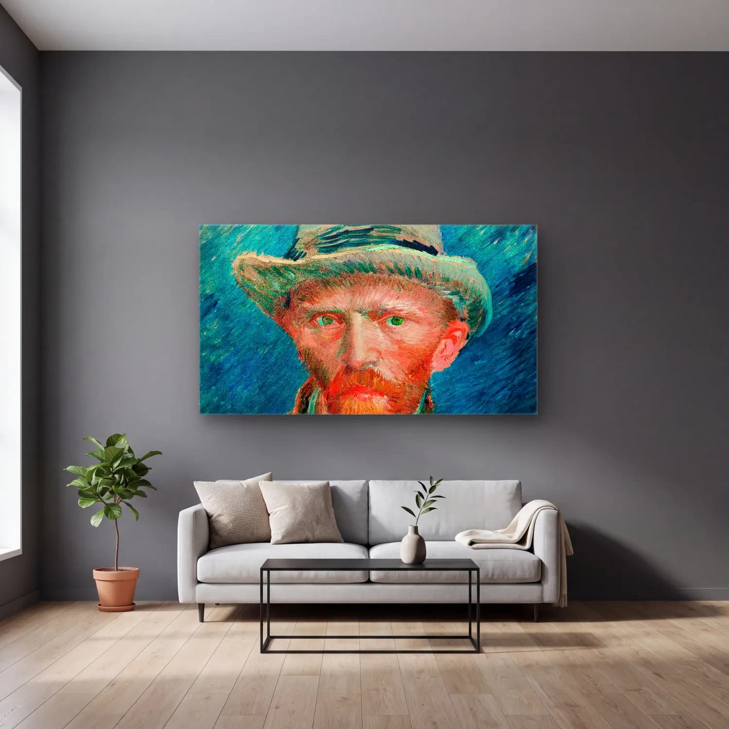 Vincent van Gogh – Self-portrait – Turkuaz Tonlar cam tablo — gri duvarlı salonda