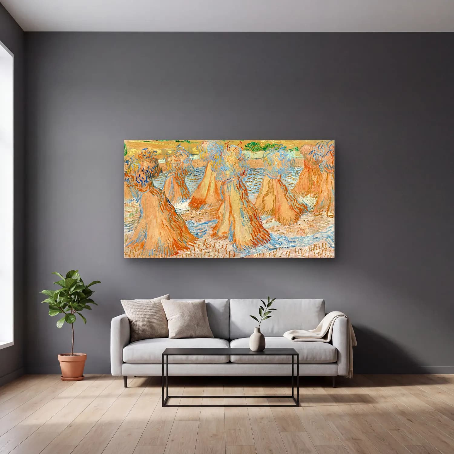 Vincent van Gogh – Sheaves of wheat cam tablo — gri duvarlı salonda