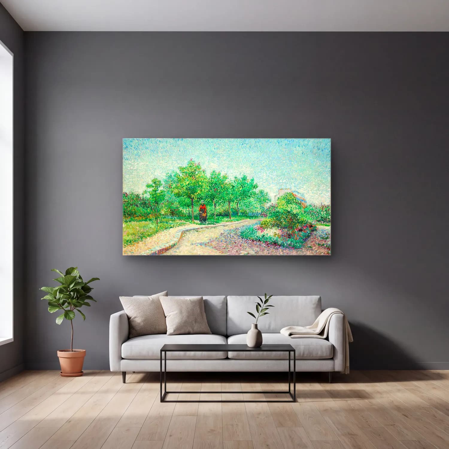 Vincent van Gogh – Square Saint-Pierre, Paris cam tablo — gri duvarlı salonda