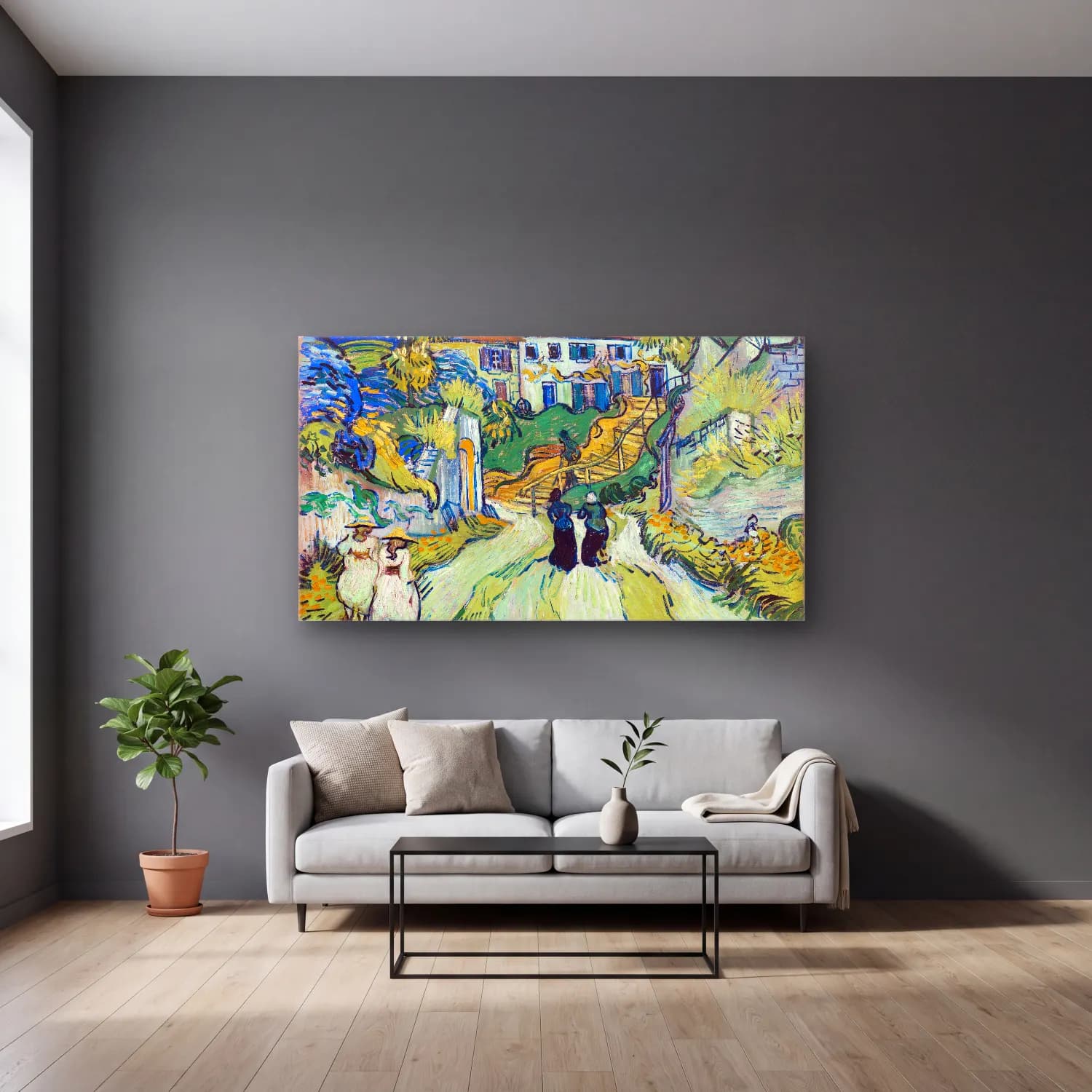 Vincent van Gogh – Stairway at Auvers – Turkuaz Tonlar cam tablo — gri duvarlı salonda
