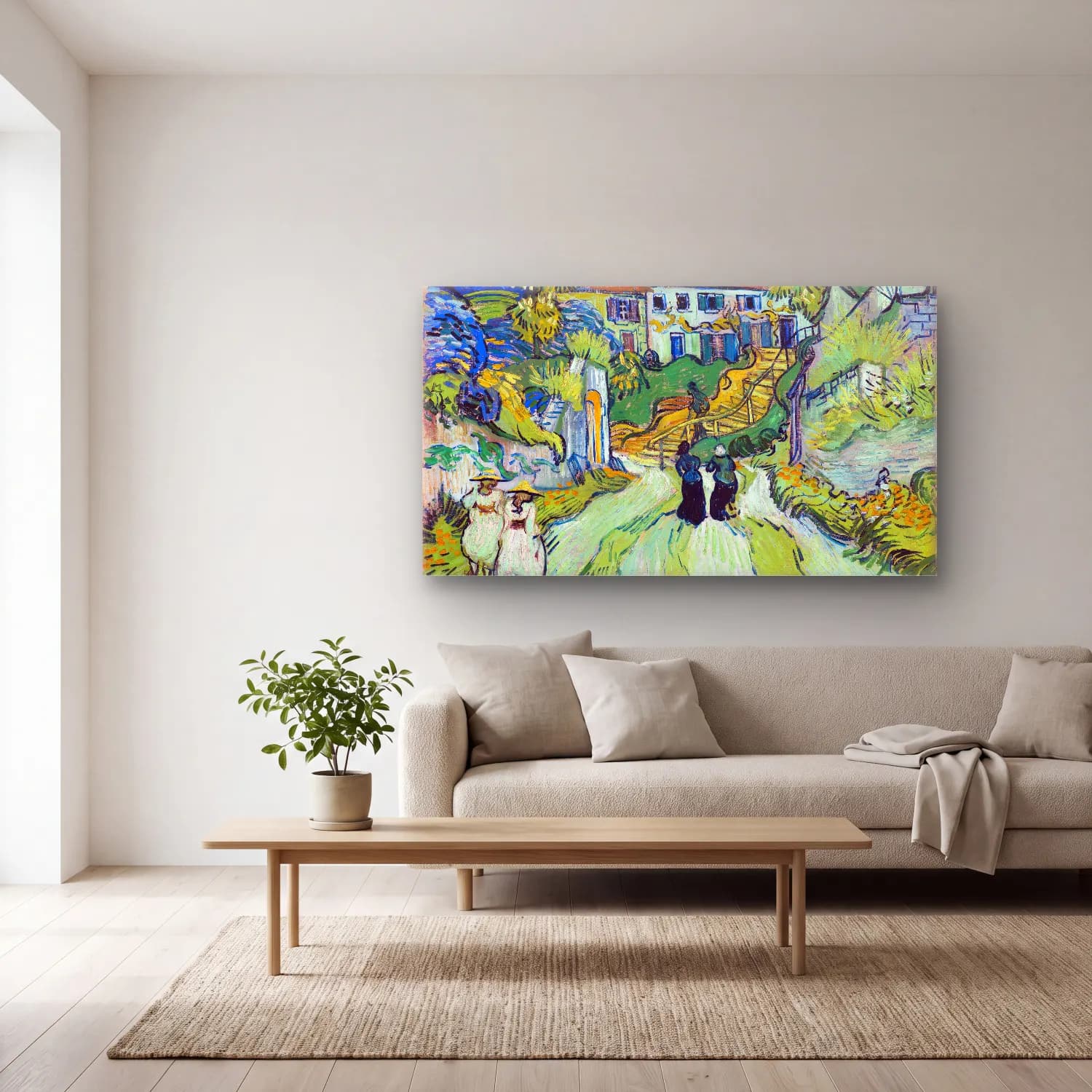 Vincent van Gogh – Stairway at Auvers – Turkuaz Tonlar cam tablo — açık renk salonda