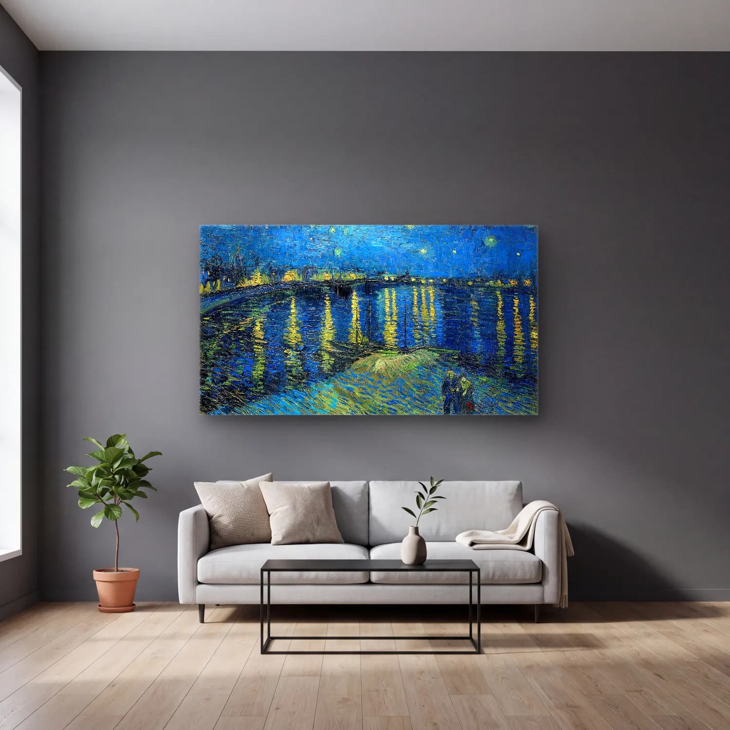 Vincent van Gogh – Starry Night Over the Rhone cam tablo — gri duvarlı salonda