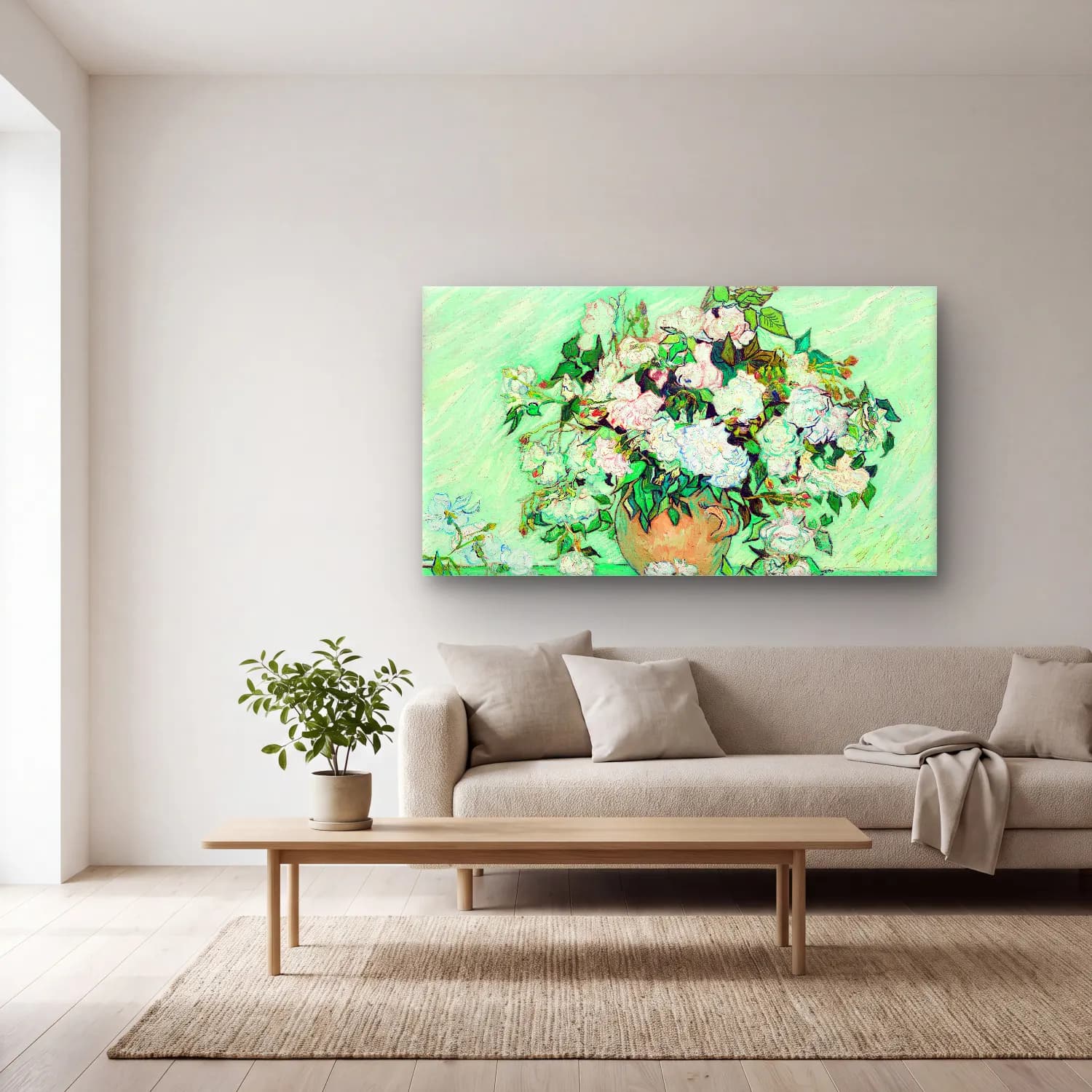 Vincent van Gogh – Still Life Vase with Pink Roses cam tablo — açık renk salonda
