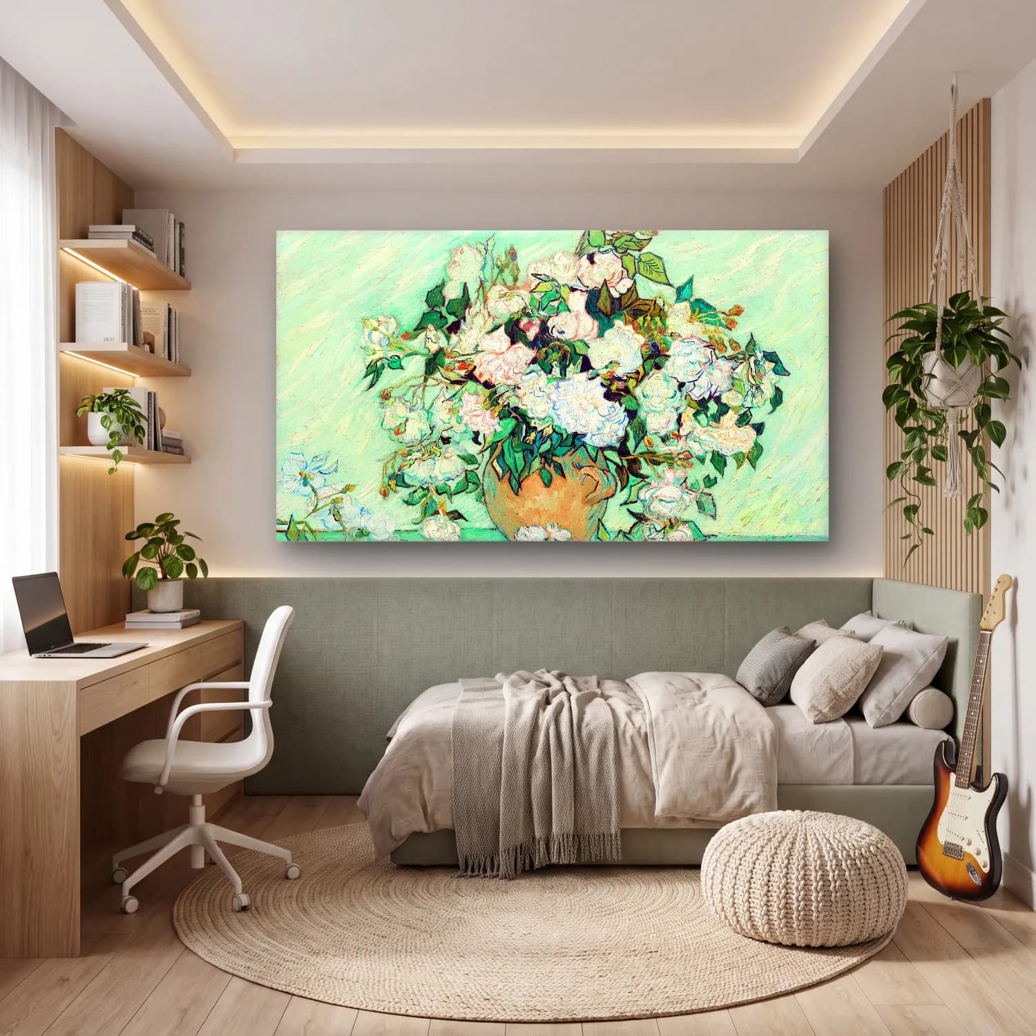 Vincent van Gogh – Still Life Vase with Pink Roses cam tablo — genç odasında