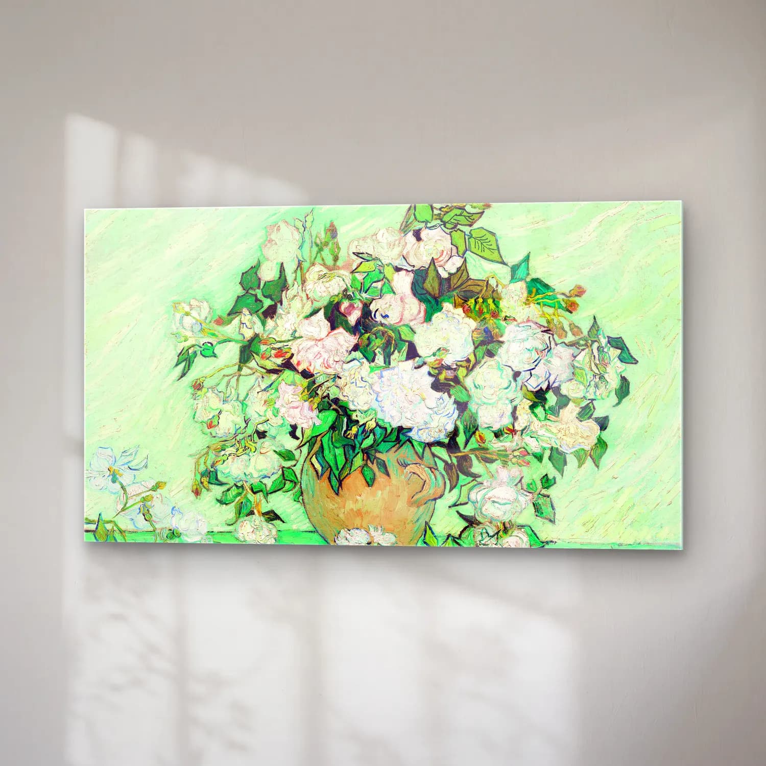 Vincent van Gogh – Still Life Vase with Pink Roses cam tablo — sağ açıdan görünüm
