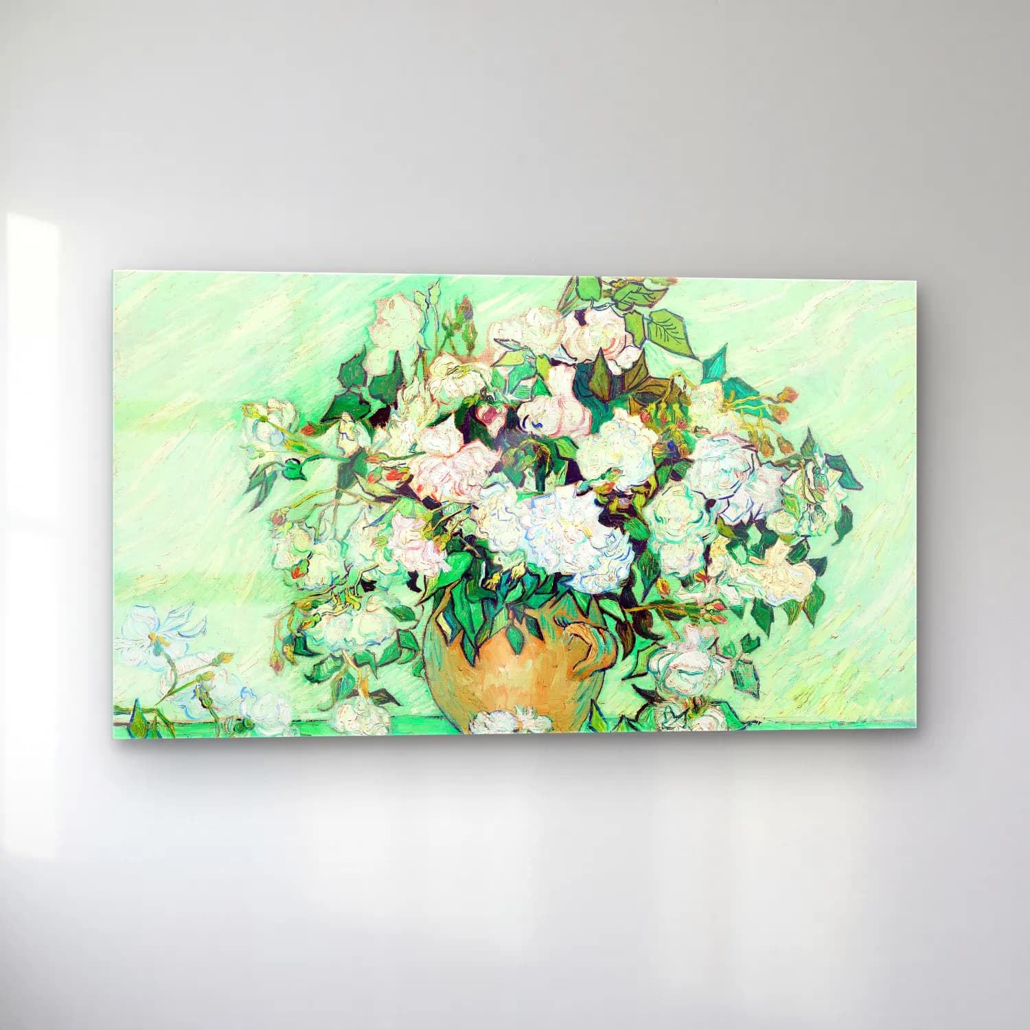 Vincent van Gogh – Still Life Vase with Pink Roses cam tablo — sol açıdan görünüm