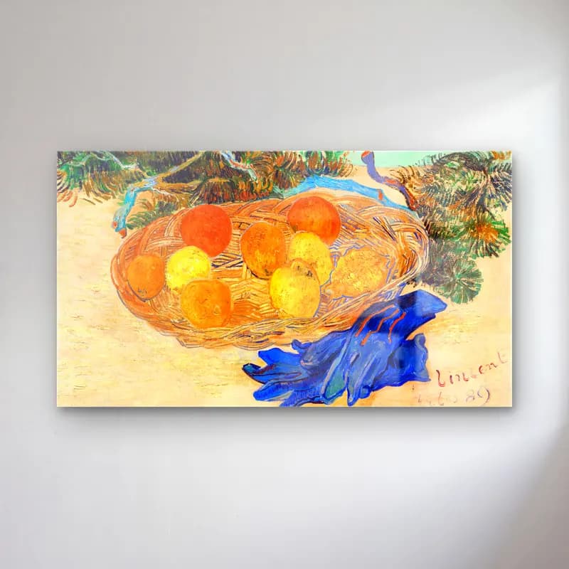 Vincent van Gogh – Still Life of Oranges and Lemons with Blue Gloves – Turuncu Tonlar cam tablo — Vincent van Gogh – Still Life of Oranges and Lemons with Blue Gloves – Turuncu Tonlar — empresyonist portakallar