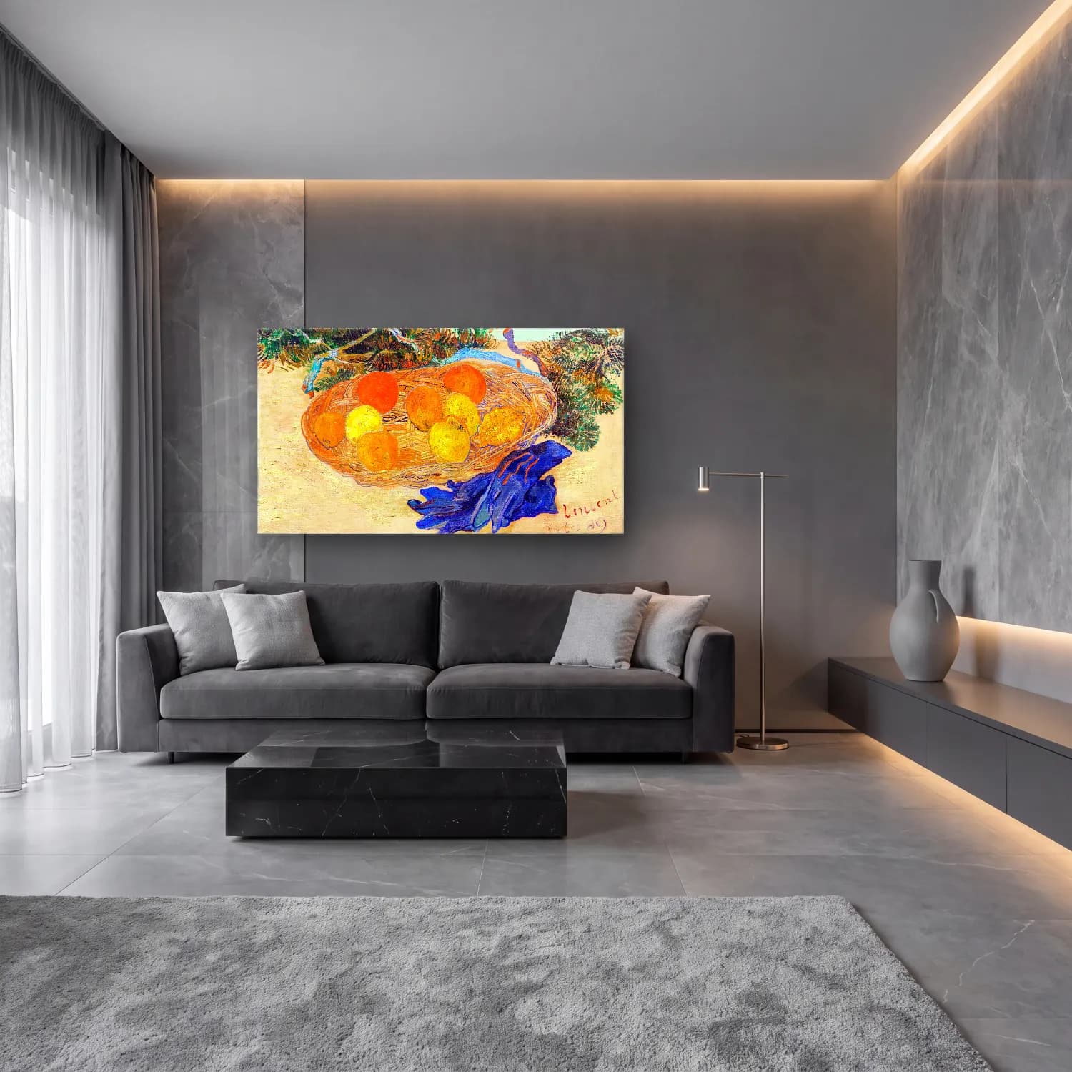 Vincent van Gogh – Still Life of Oranges and Lemons with Blue Gloves – Turuncu Tonlar cam tablo — lüks salon duvarında