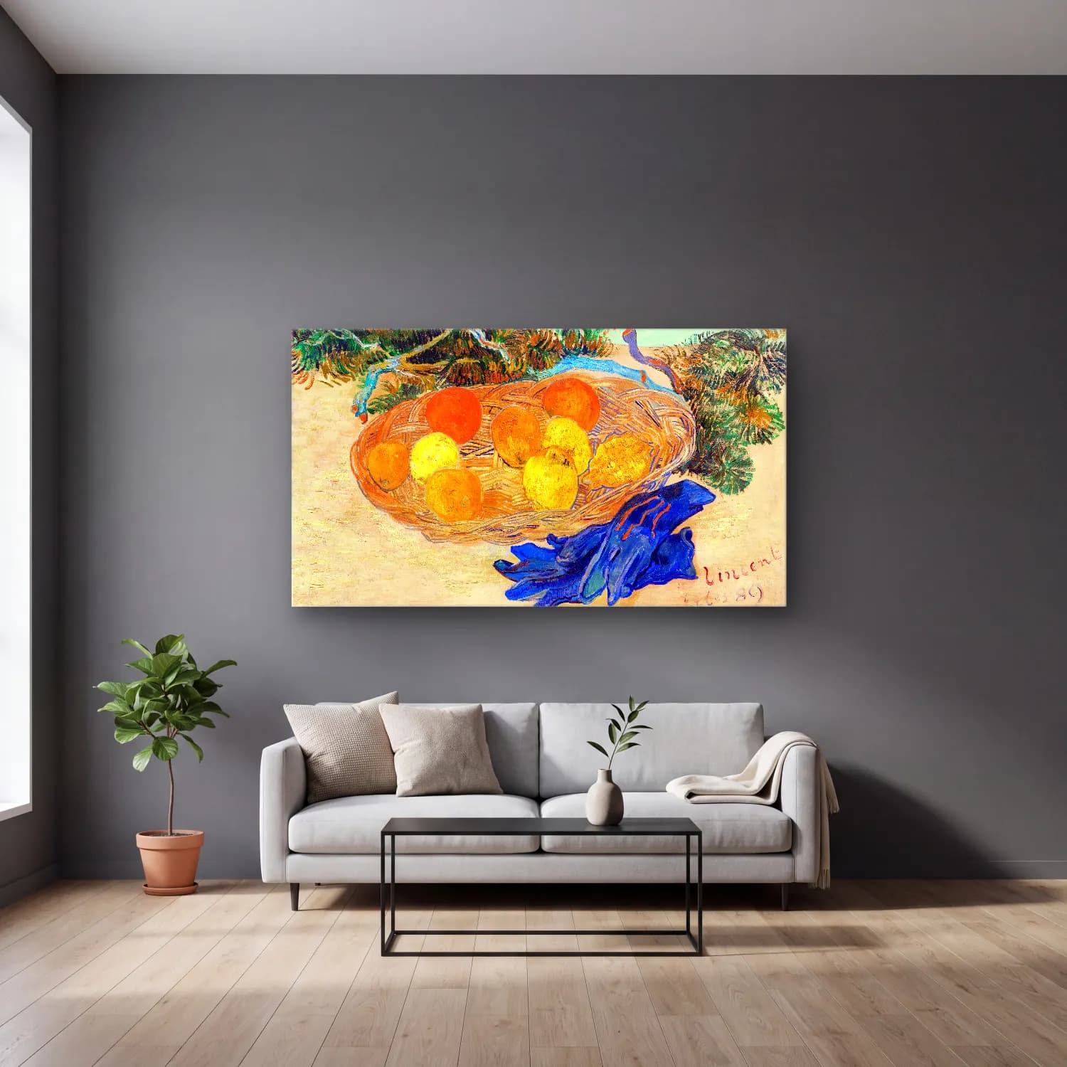 Vincent van Gogh – Still Life of Oranges and Lemons with Blue Gloves – Turuncu Tonlar cam tablo — gri duvarlı salonda
