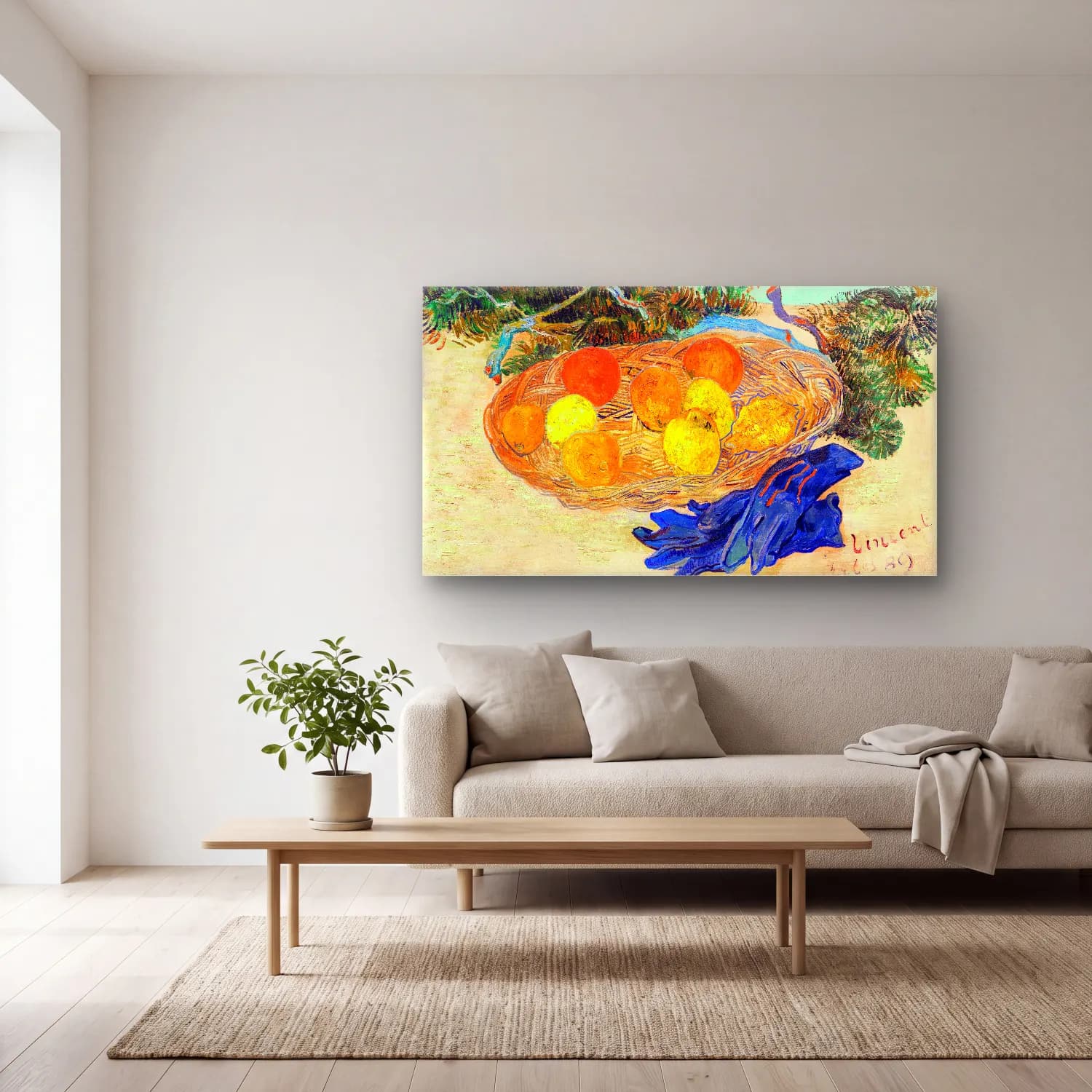 Vincent van Gogh – Still Life of Oranges and Lemons with Blue Gloves – Turuncu Tonlar cam tablo — açık renk salonda