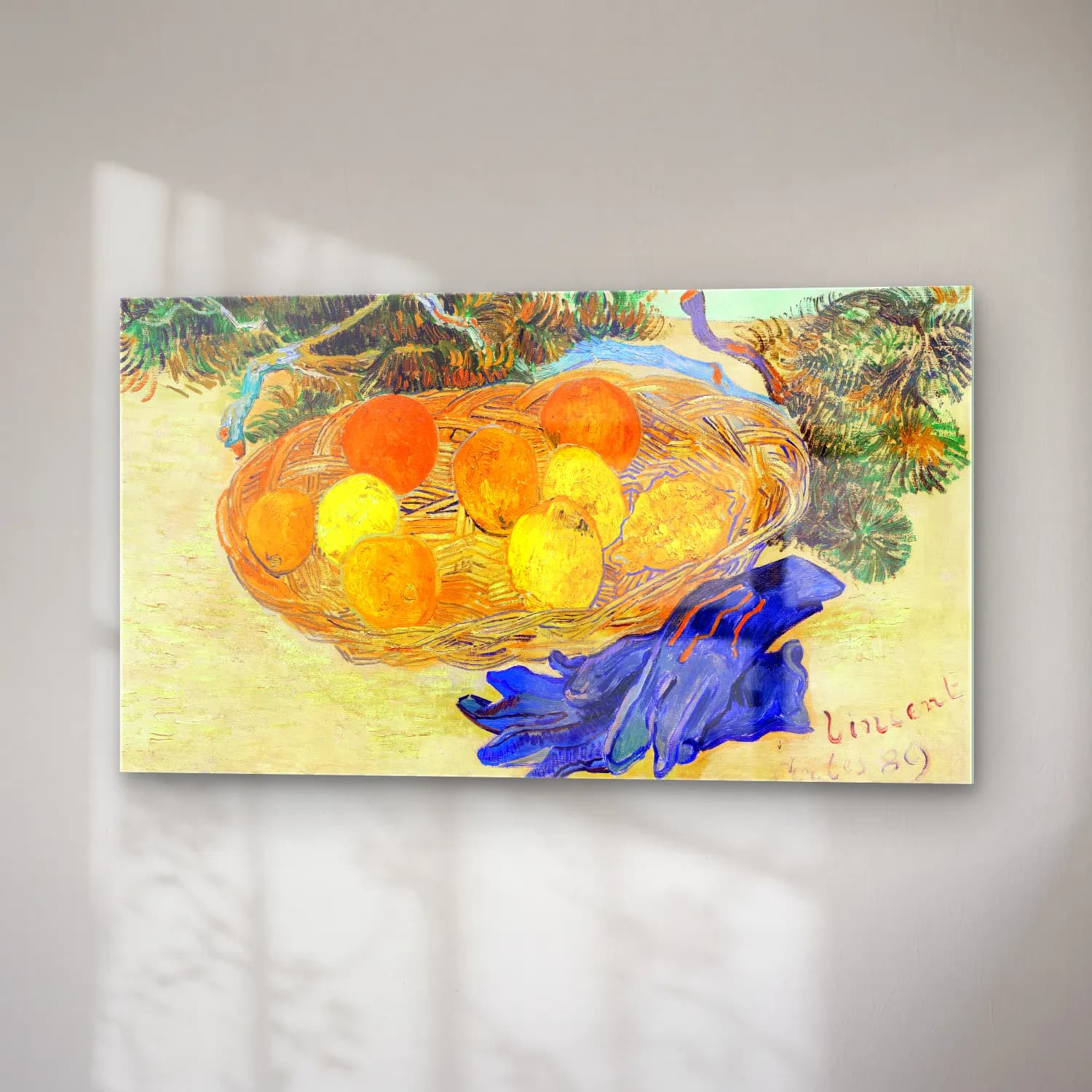 Vincent van Gogh – Still Life of Oranges and Lemons with Blue Gloves – Turuncu Tonlar cam tablo — sağ açıdan görünüm