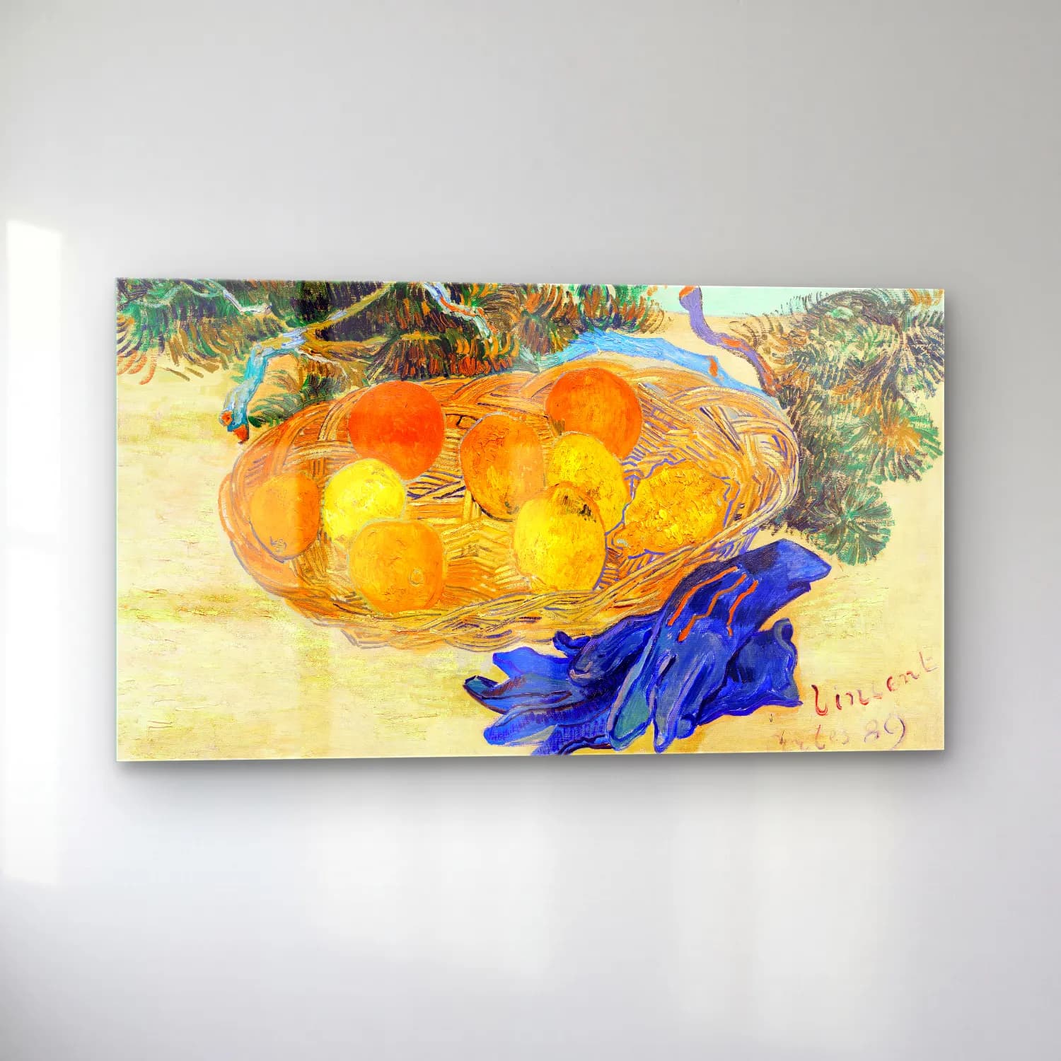 Vincent van Gogh – Still Life of Oranges and Lemons with Blue Gloves – Turuncu Tonlar cam tablo — sol açıdan görünüm