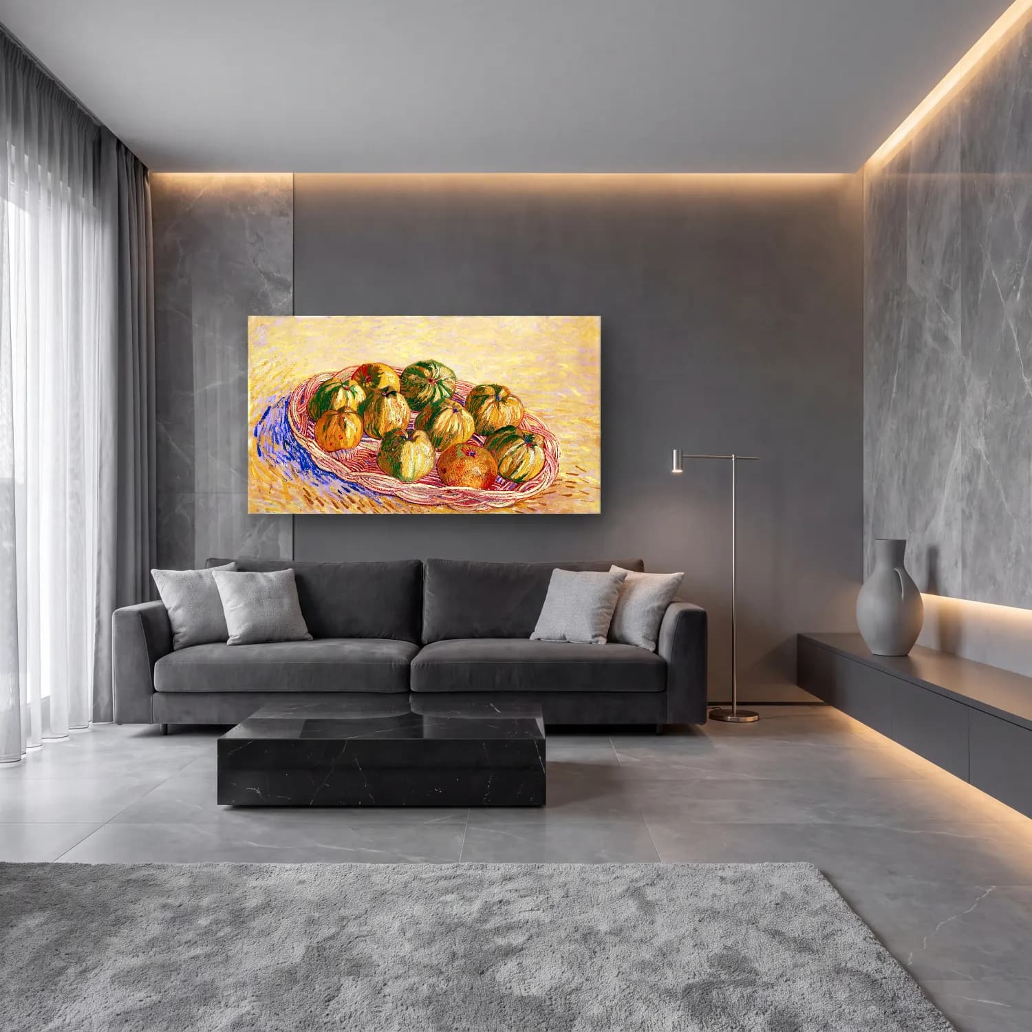 Vincent van Gogh – Still Life with Basket of Apples cam tablo — lüks salon duvarında