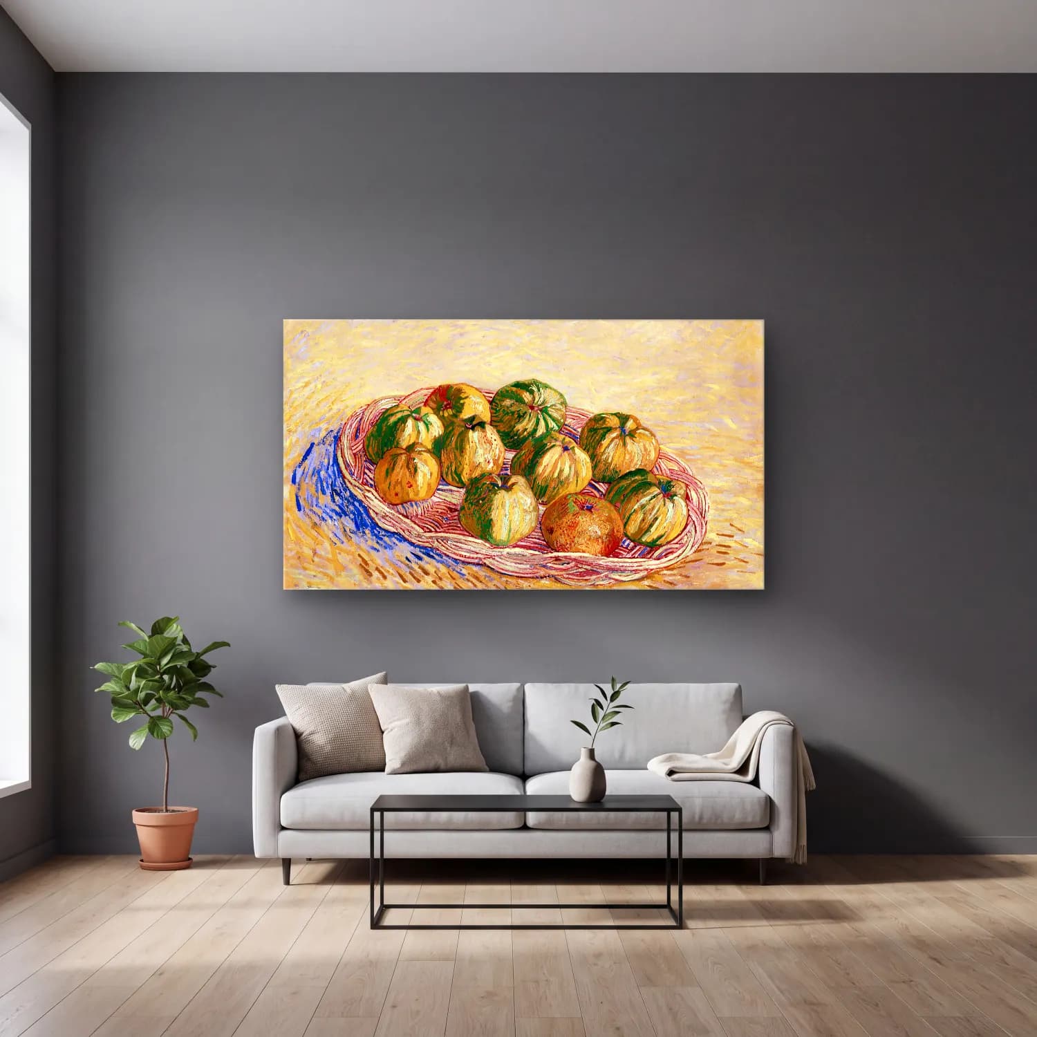 Vincent van Gogh – Still Life with Basket of Apples cam tablo — gri duvarlı salonda
