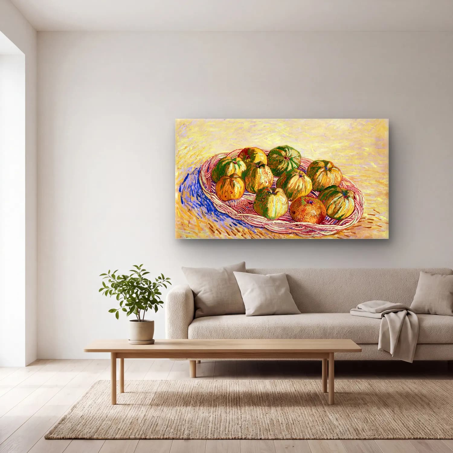 Vincent van Gogh – Still Life with Basket of Apples cam tablo — açık renk salonda