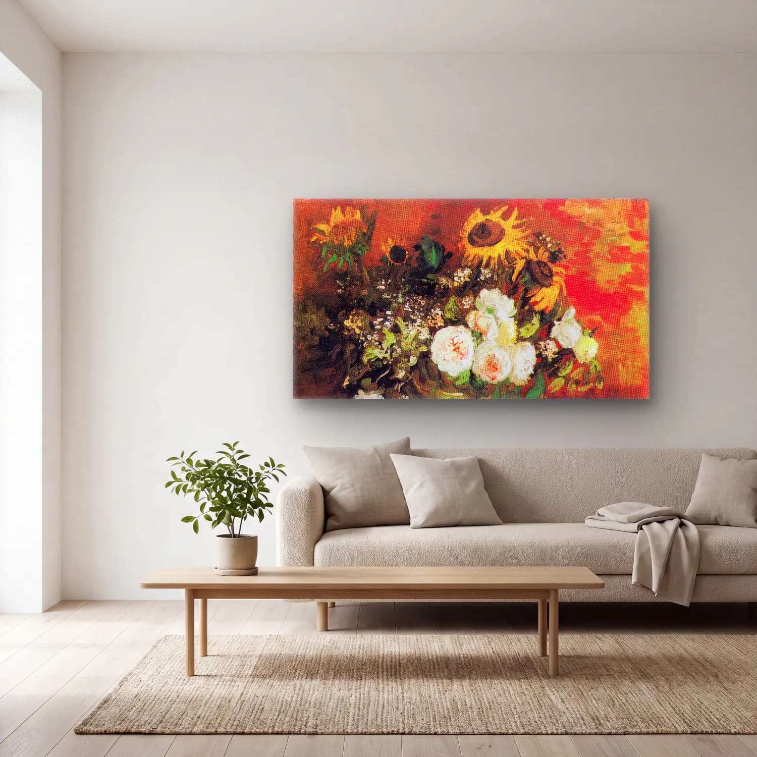 Vincent van Gogh – Still Life with Roses and Sunflowers cam tablo — açık renk salonda