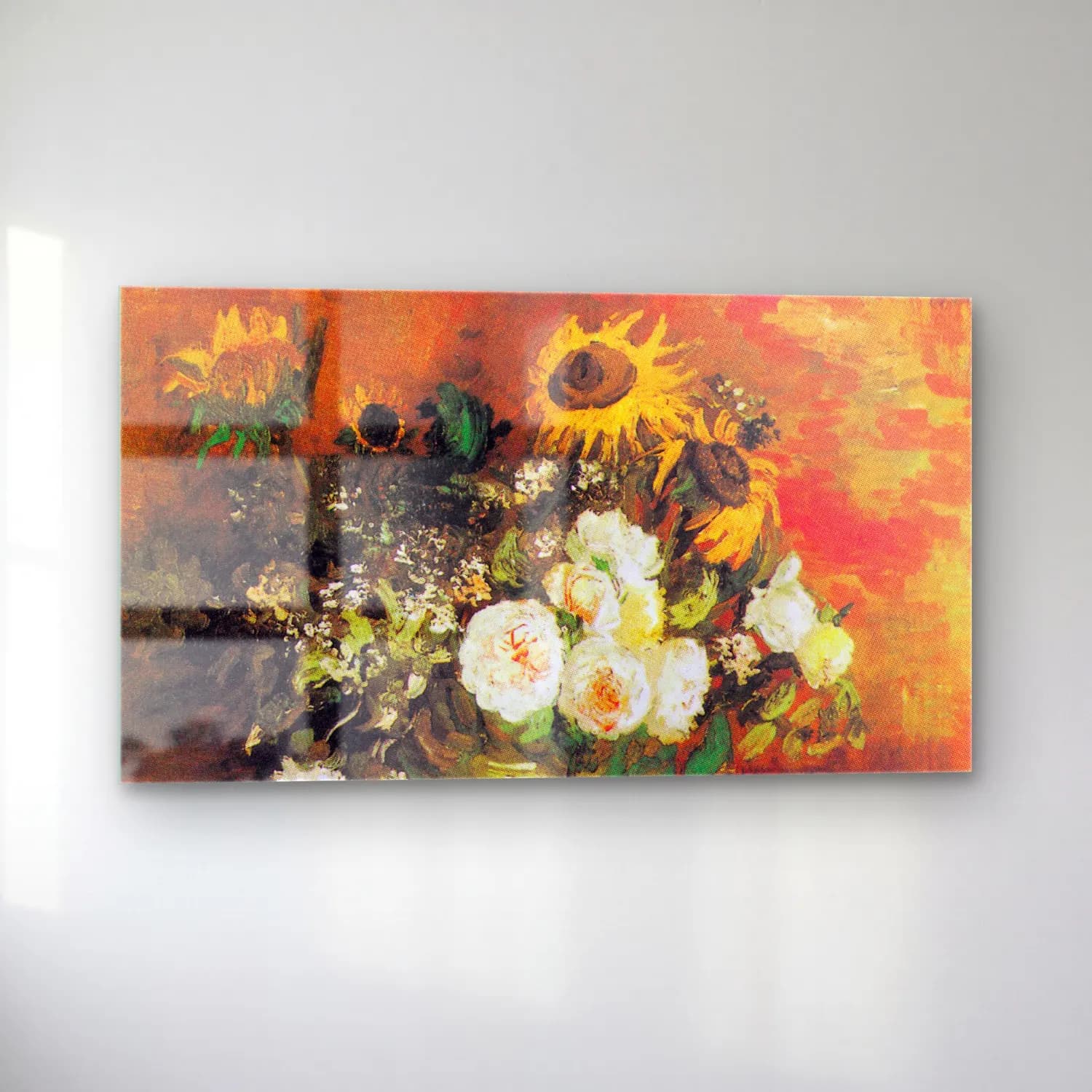 Vincent van Gogh – Still Life with Roses and Sunflowers cam tablo — sol açıdan görünüm