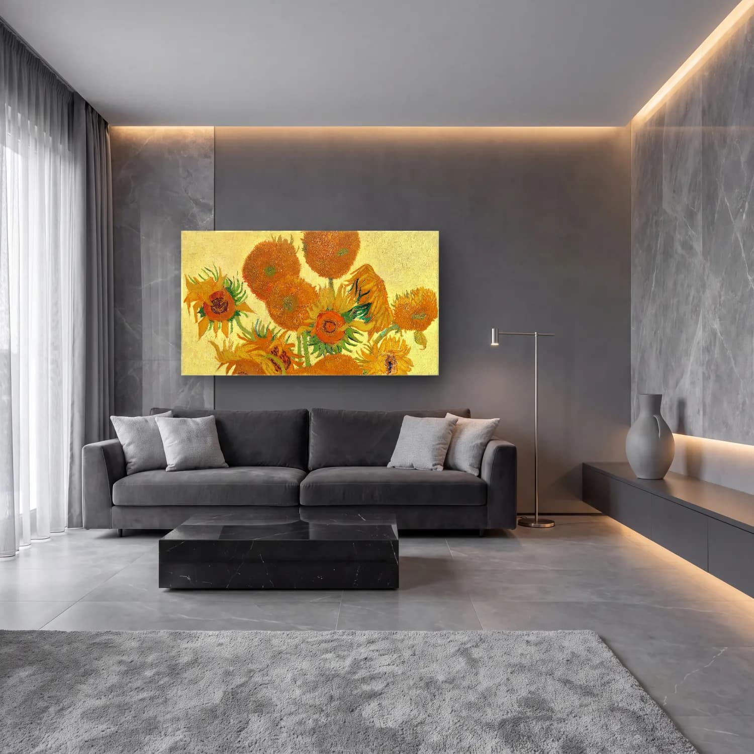 Vincent van Gogh – Sunflowers cam tablo — lüks salon duvarında