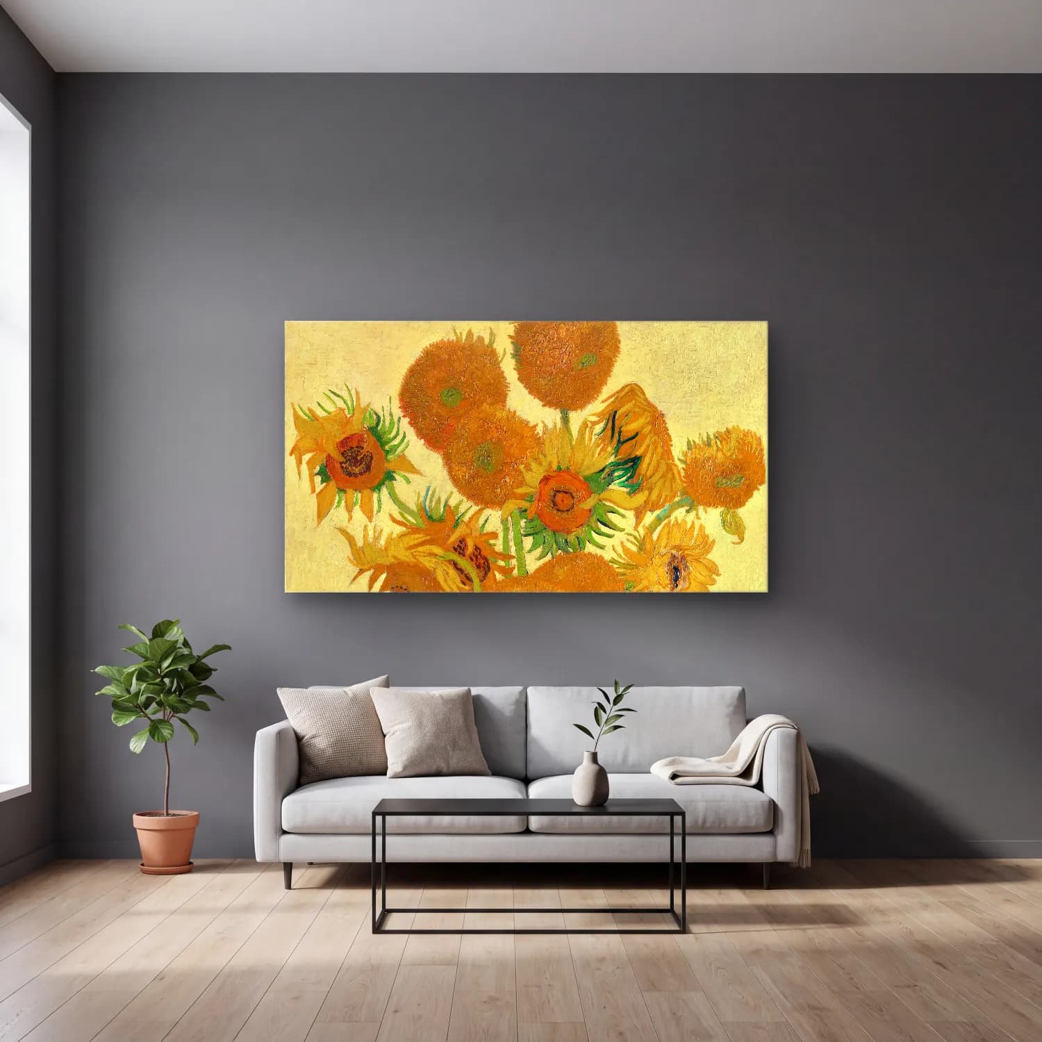 Vincent van Gogh – Sunflowers cam tablo — gri duvarlı salonda