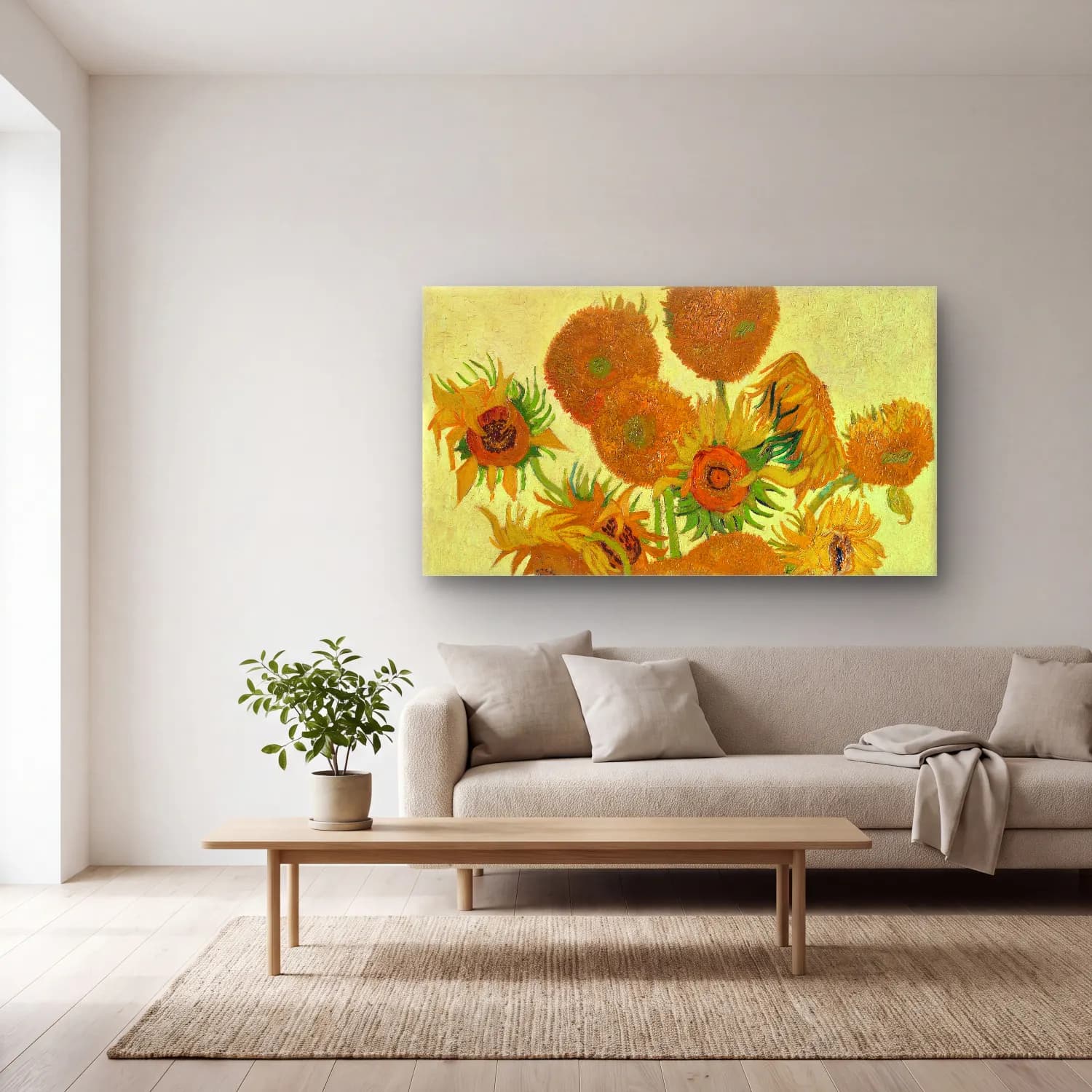 Vincent van Gogh – Sunflowers cam tablo — açık renk salonda