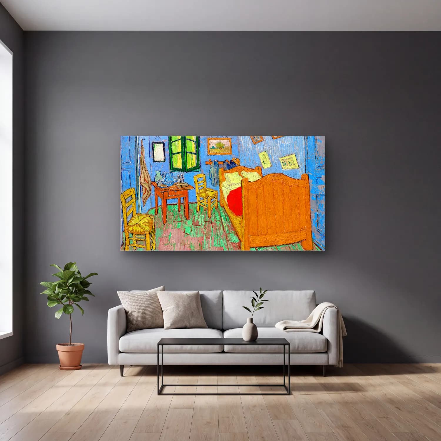 Vincent van Gogh – The Bedroom cam tablo — gri duvarlı salonda