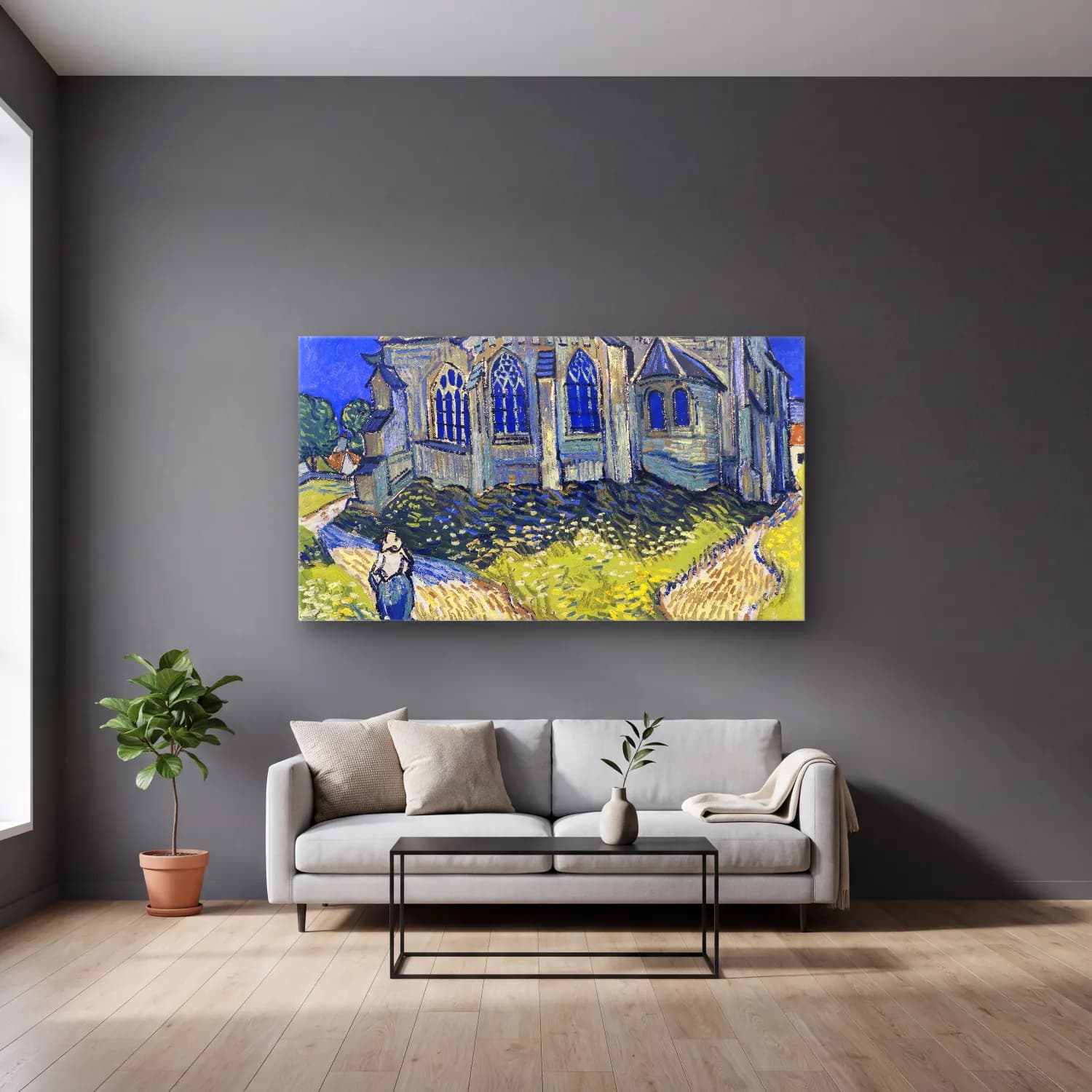 Vincent van Gogh – The Church at Auvers – Mavi Tonlar cam tablo — gri duvarlı salonda
