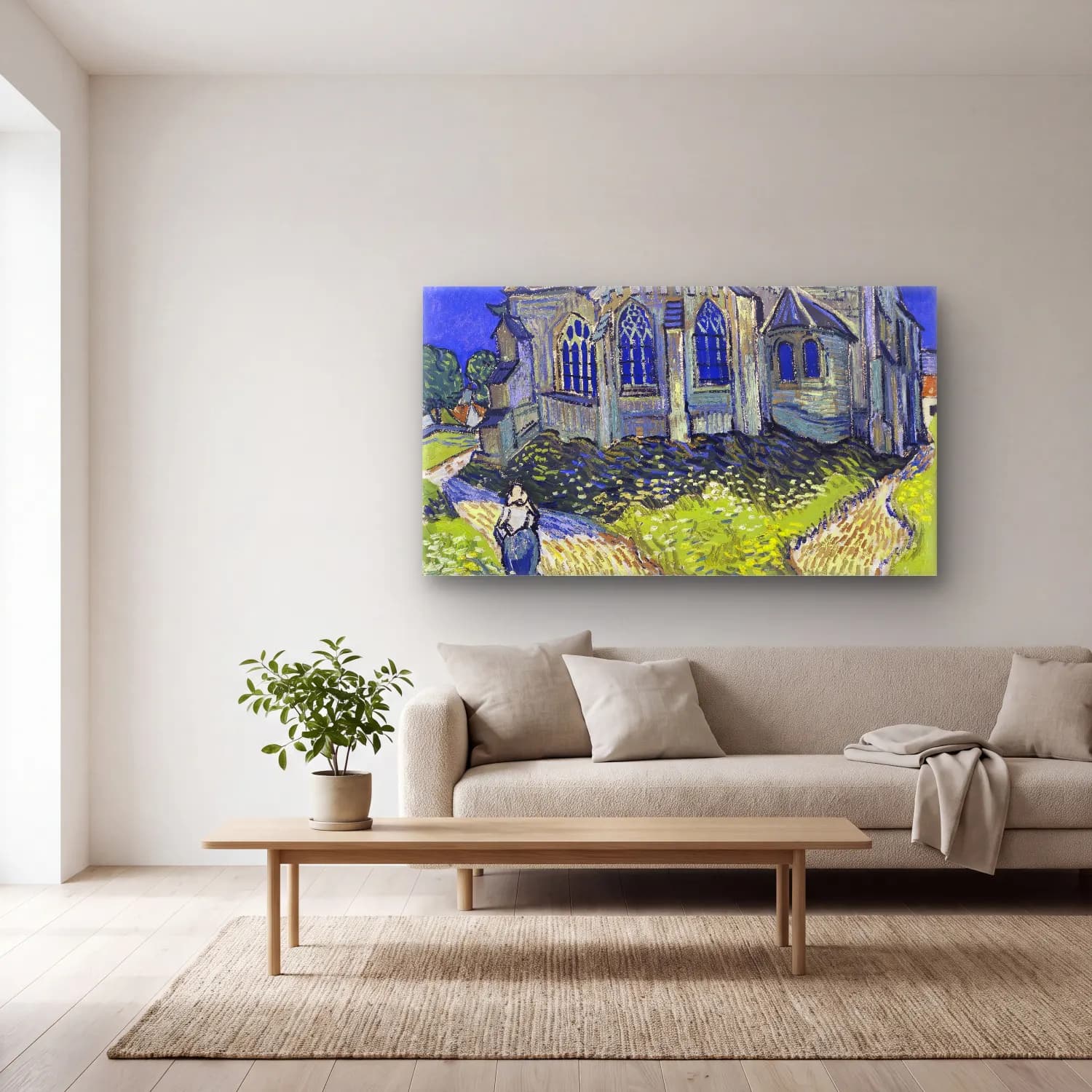 Vincent van Gogh – The Church at Auvers – Mavi Tonlar cam tablo — açık renk salonda