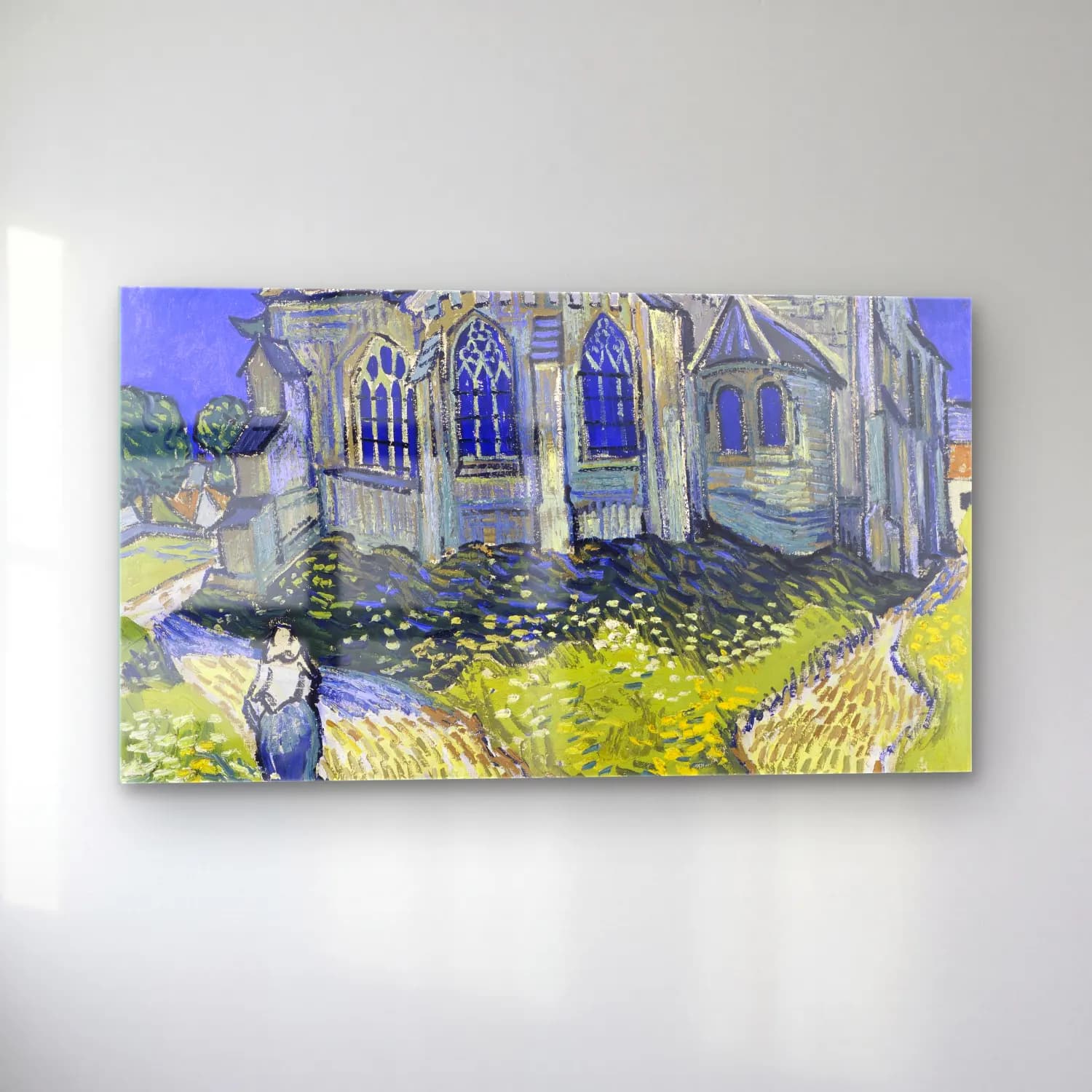 Vincent van Gogh – The Church at Auvers – Mavi Tonlar cam tablo — sol açıdan görünüm