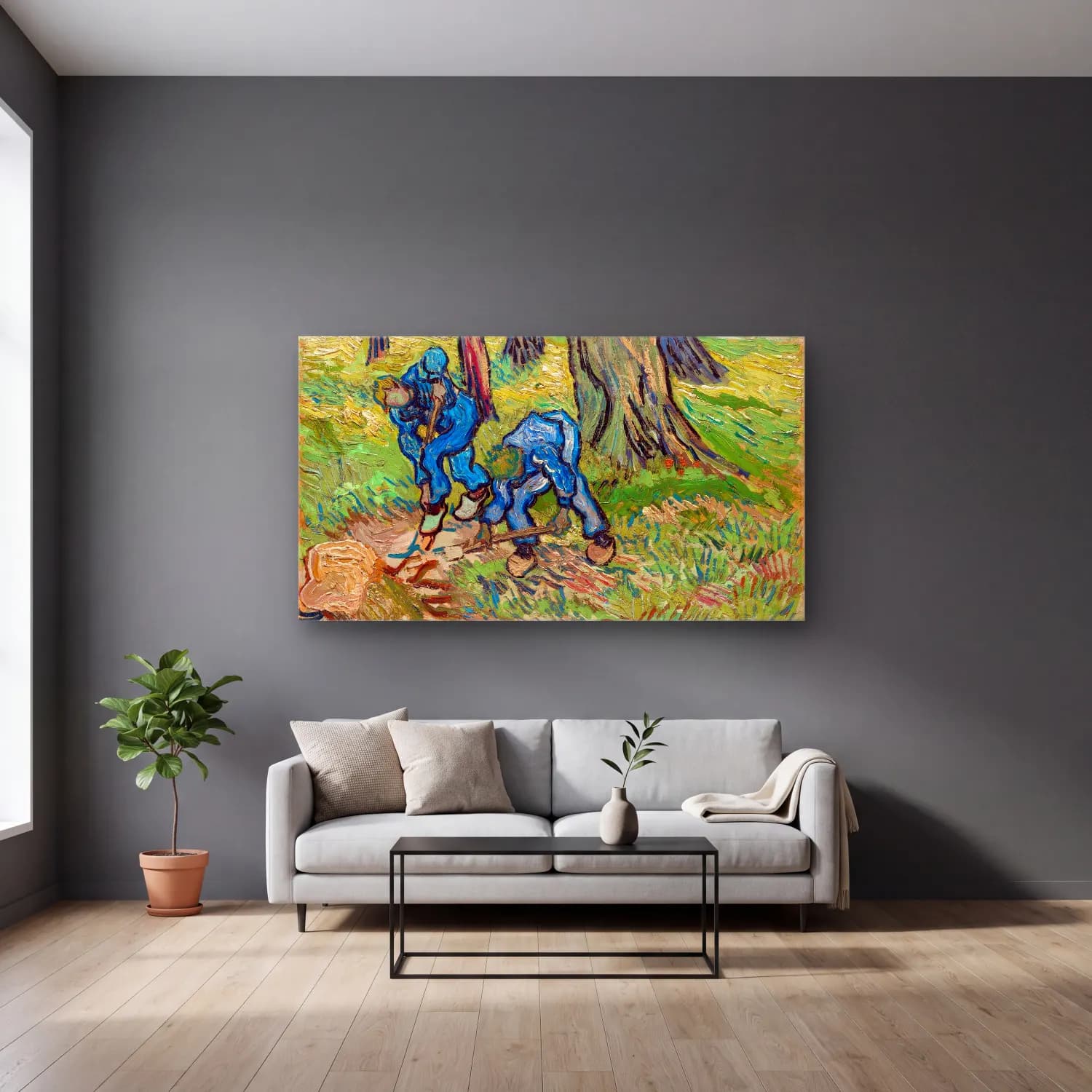 Vincent van Gogh – The Diggers – Mavi Tonlar cam tablo — gri duvarlı salonda