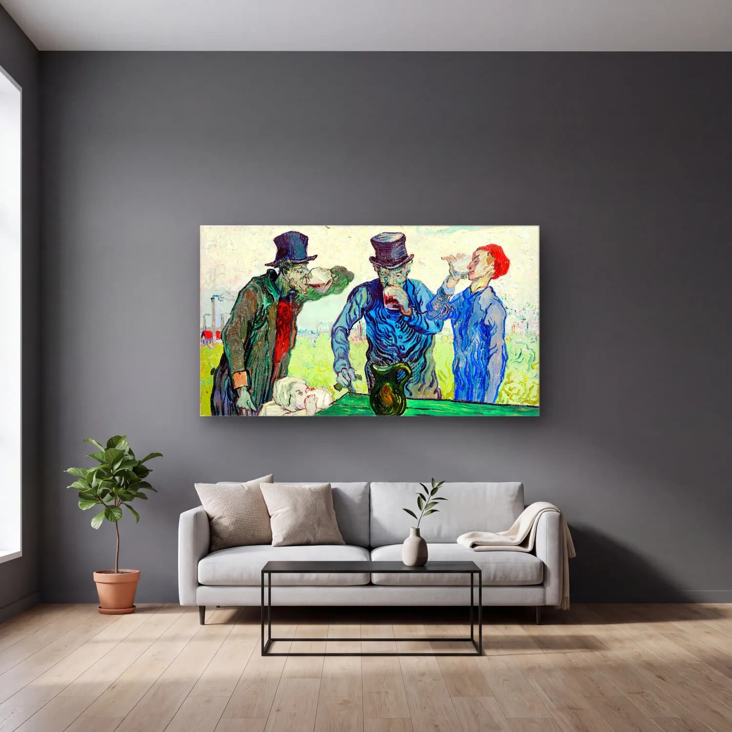 Vincent van Gogh – The Drinkers – Mavi Tonlar cam tablo — gri duvarlı salonda