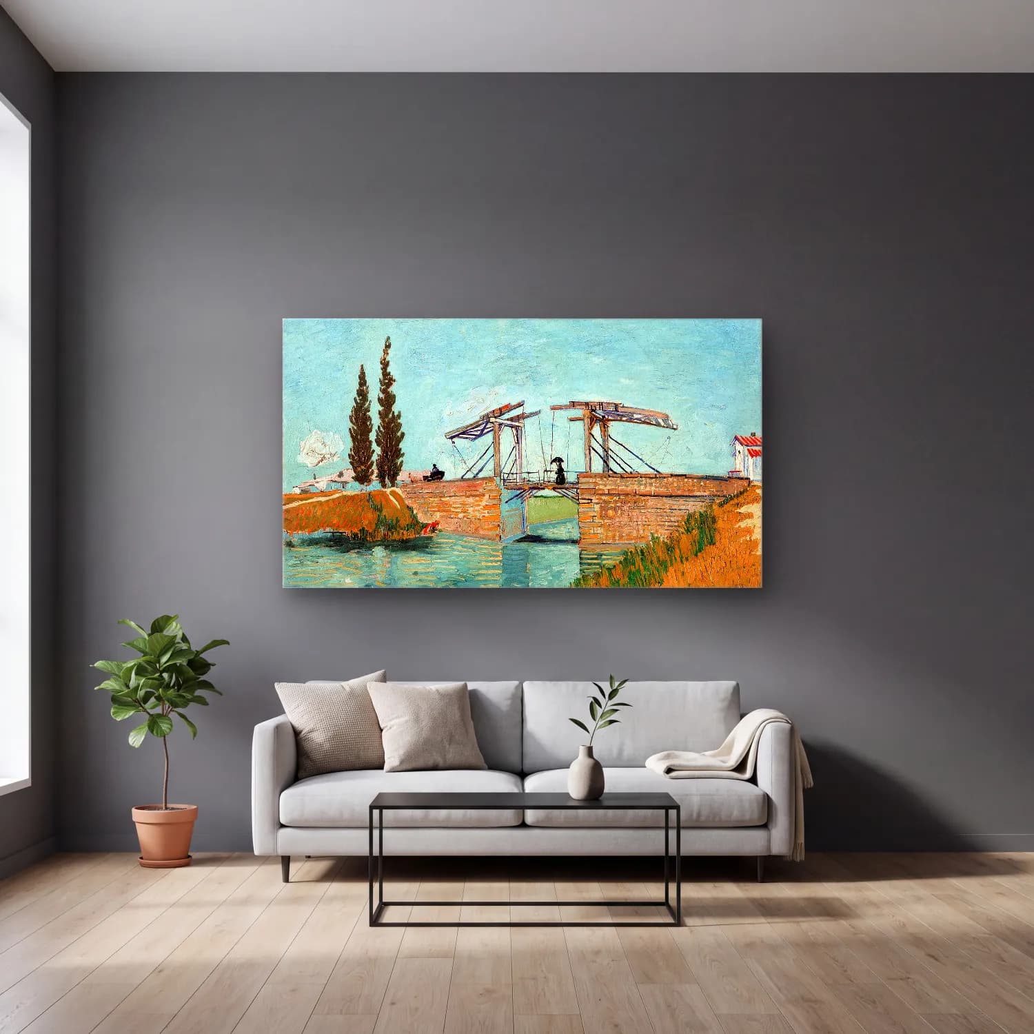 Vincent van Gogh – The Langlois Bridge at Arles cam tablo — gri duvarlı salonda