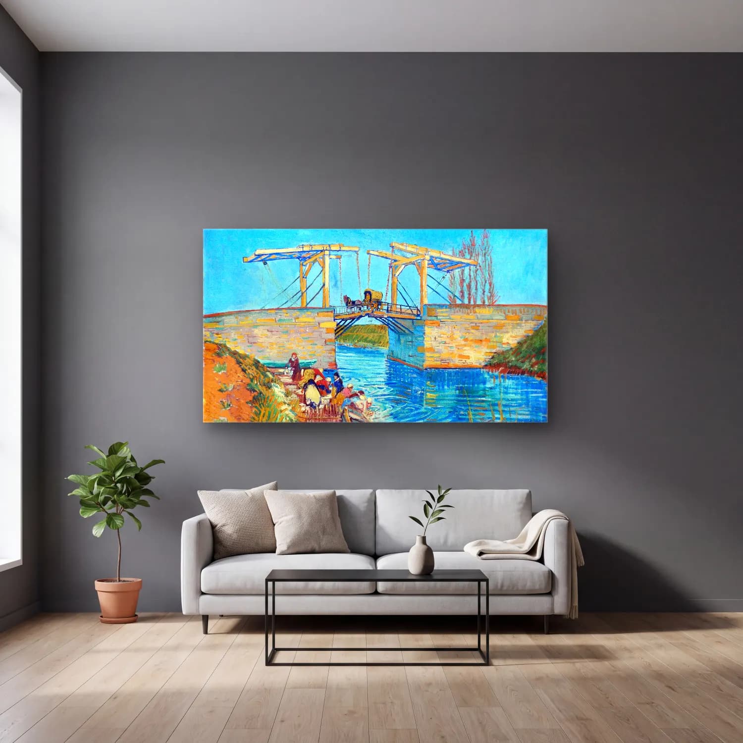 Vincent van Gogh – The Langlois Bridge at Arles – Mavi Tonlar cam tablo — gri duvarlı salonda