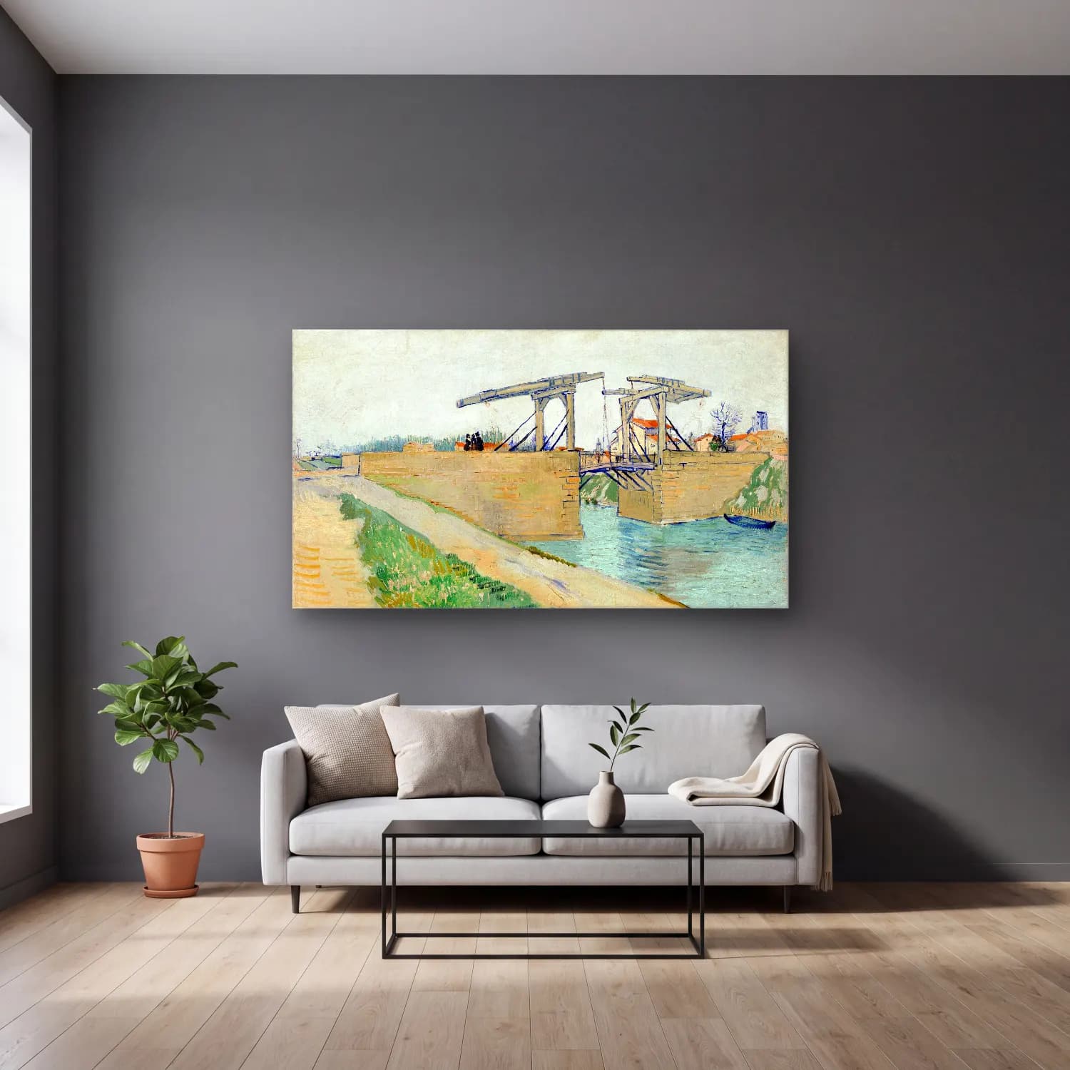 Vincent van Gogh – The Langlois bridge cam tablo — gri duvarlı salonda