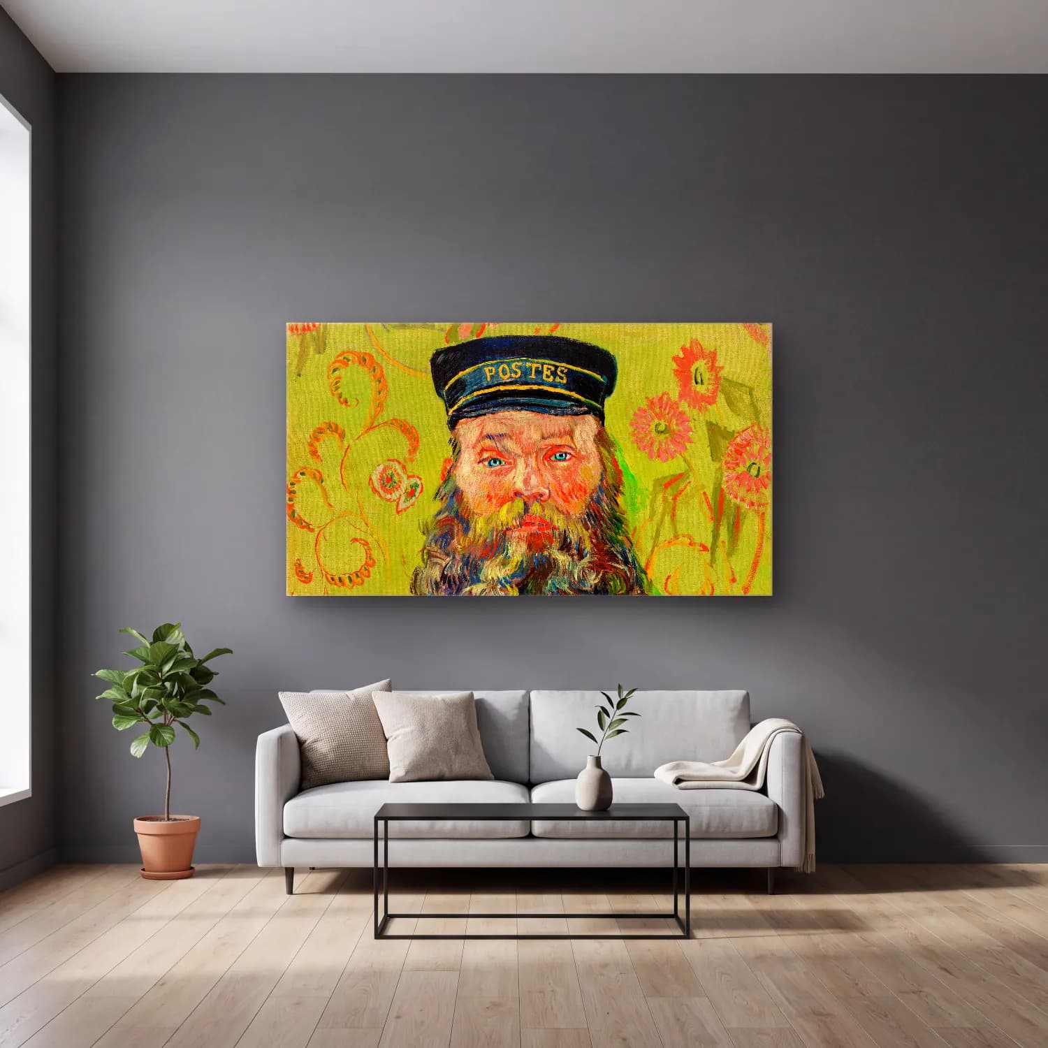 Vincent van Gogh – The Postman (Joseph Roulin) cam tablo — gri duvarlı salonda
