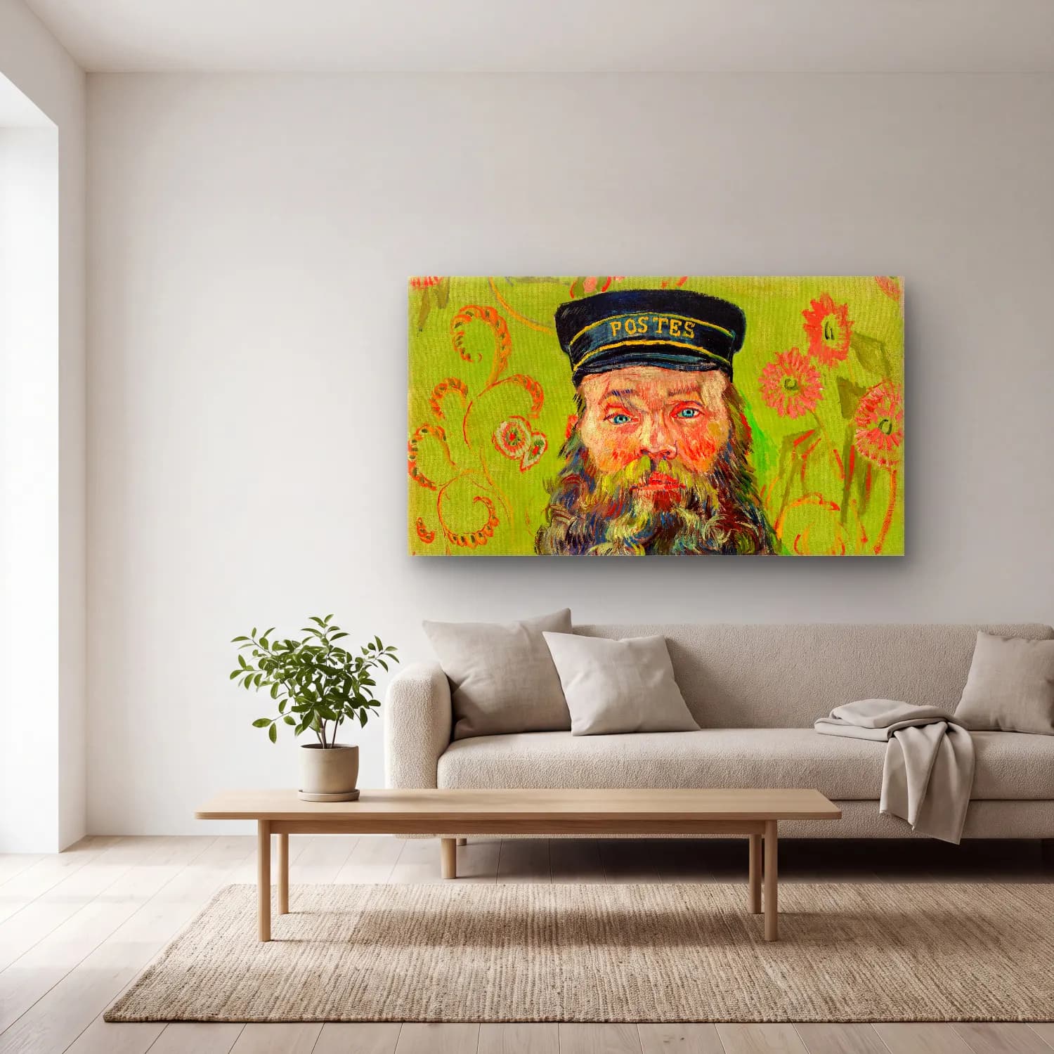 Vincent van Gogh – The Postman (Joseph Roulin) cam tablo — açık renk salonda