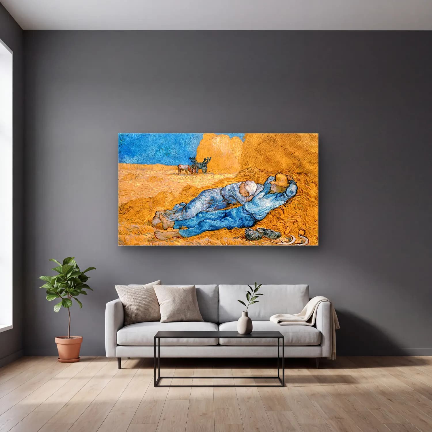 Vincent van Gogh – The Siesta cam tablo — gri duvarlı salonda