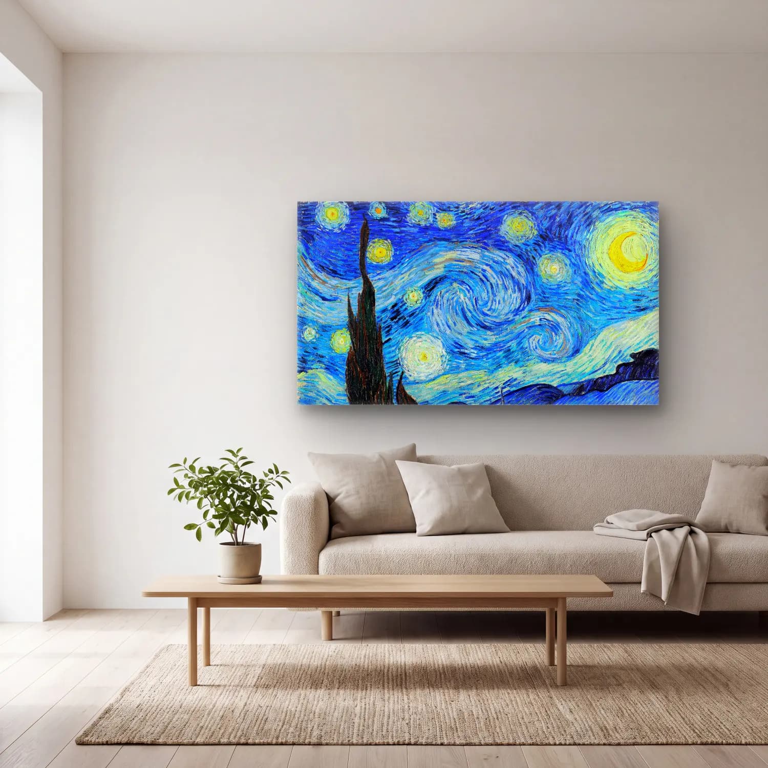Vincent van Gogh – The Starry Night cam tablo — açık renk salonda