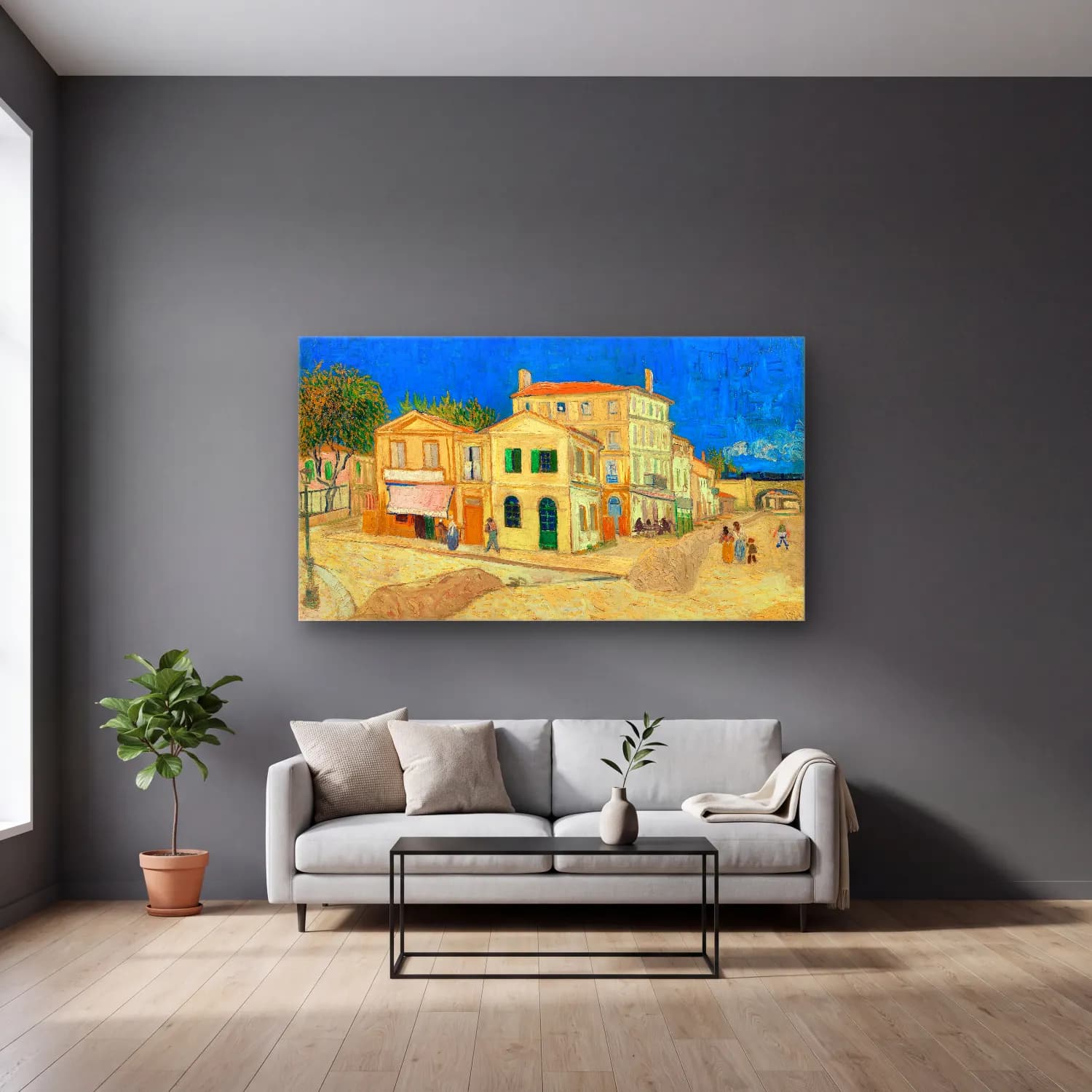 Vincent van Gogh – The Yellow House cam tablo — gri duvarlı salonda
