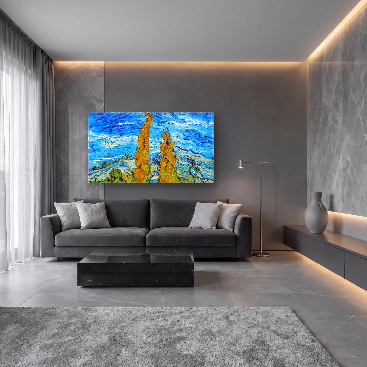 Vincent van Gogh – The poplars of Saint-Rémy cam tablo — lüks salon duvarında