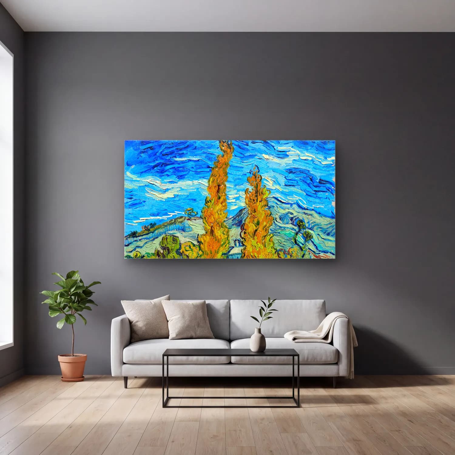 Vincent van Gogh – The poplars of Saint-Rémy cam tablo — gri duvarlı salonda