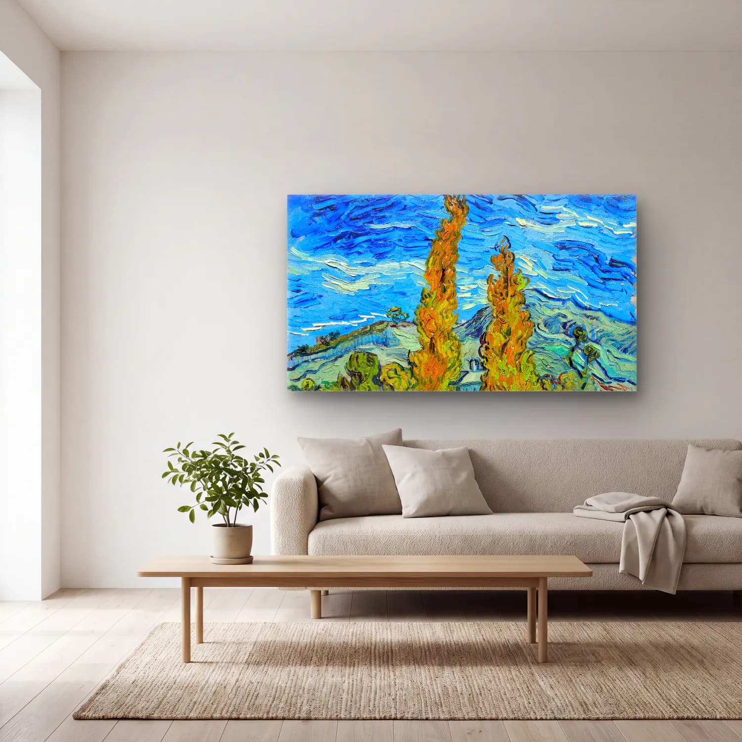 Vincent van Gogh – The poplars of Saint-Rémy cam tablo — açık renk salonda