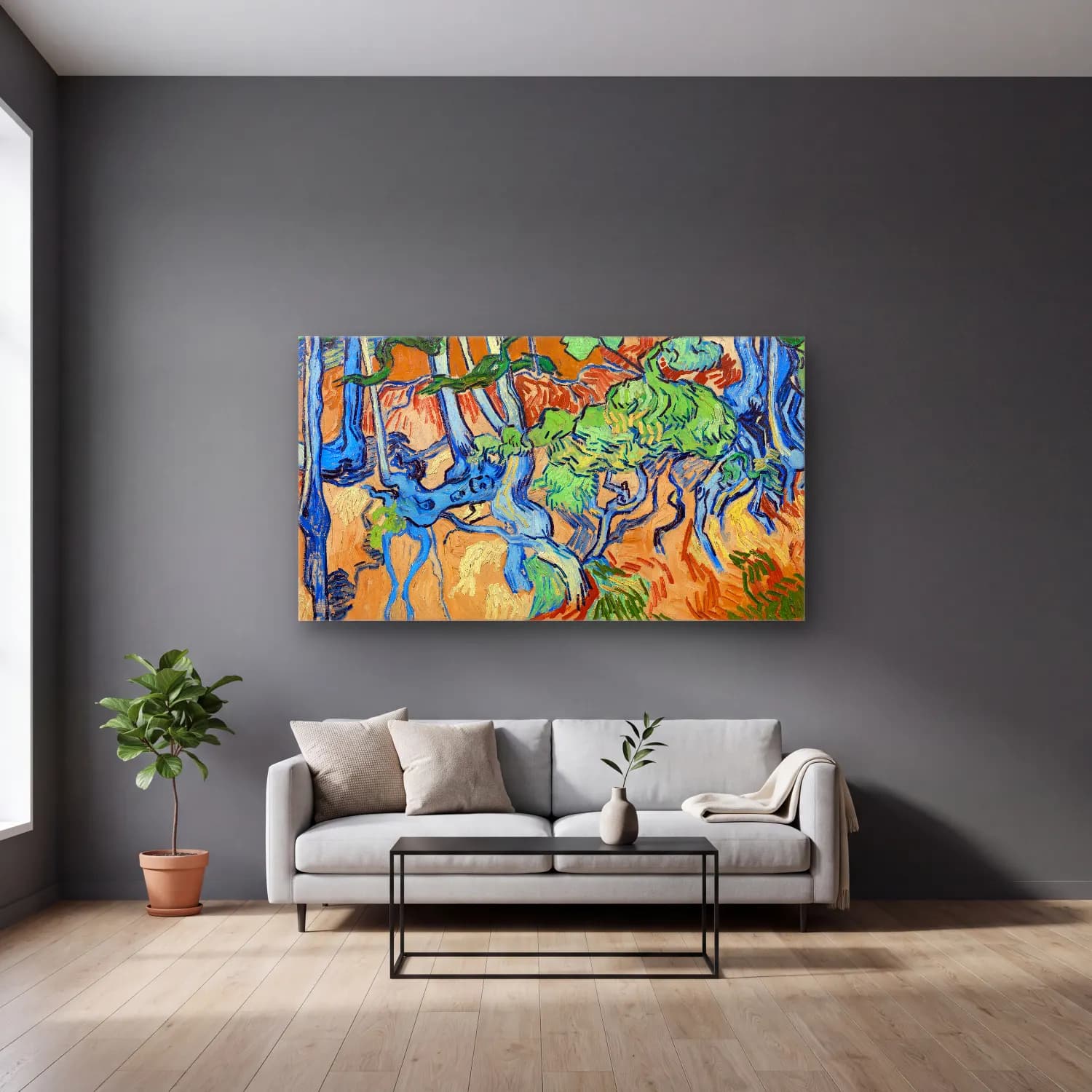 Vincent van Gogh – Tree Roots – Mavi Tonlar cam tablo — gri duvarlı salonda