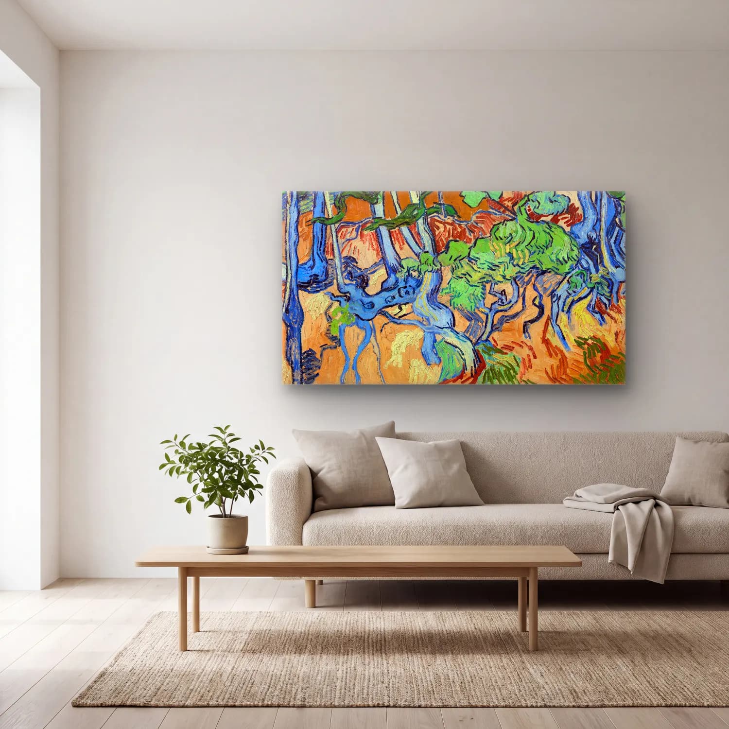 Vincent van Gogh – Tree Roots – Mavi Tonlar cam tablo — açık renk salonda