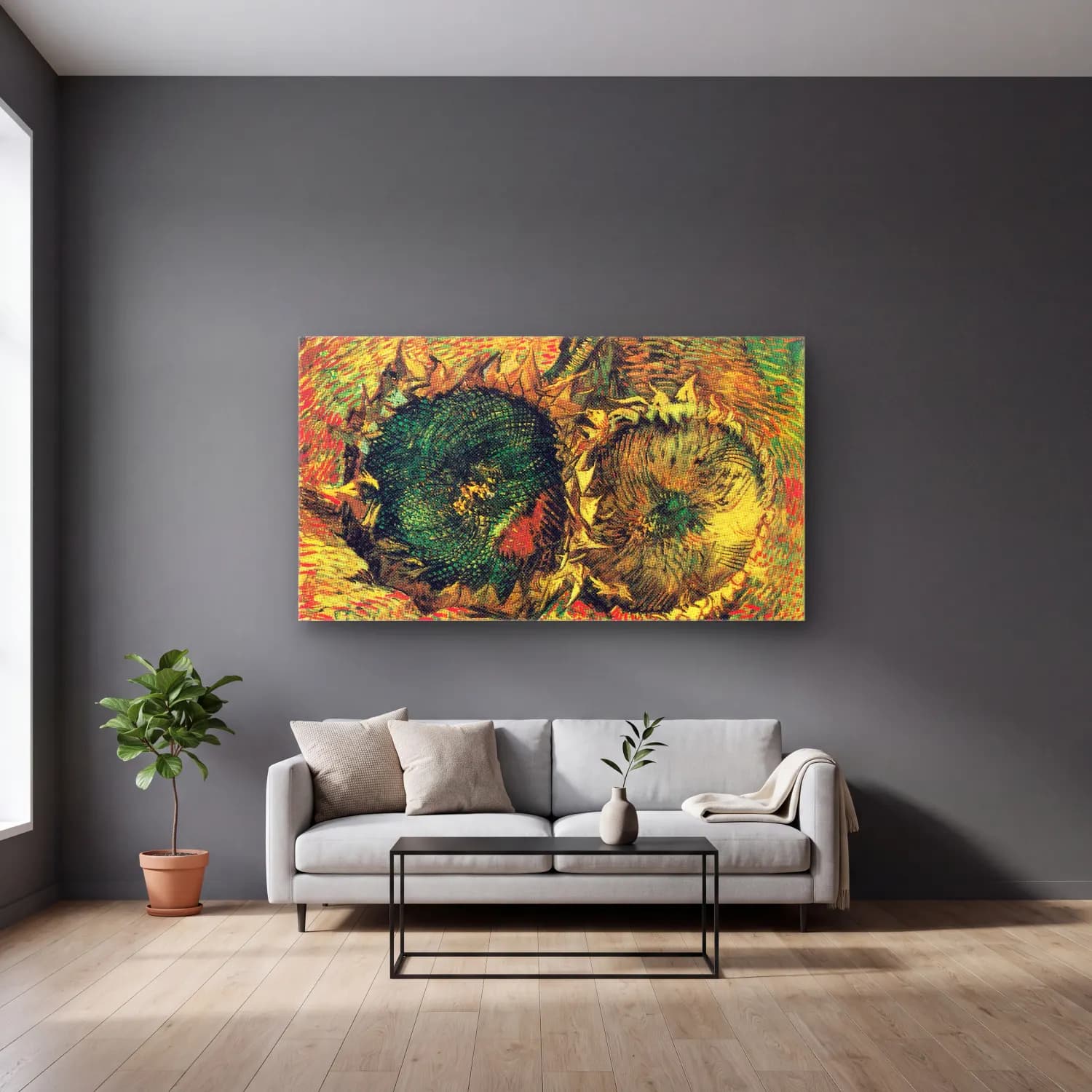 Vincent van Gogh – Two Cut Sunflowers cam tablo — gri duvarlı salonda