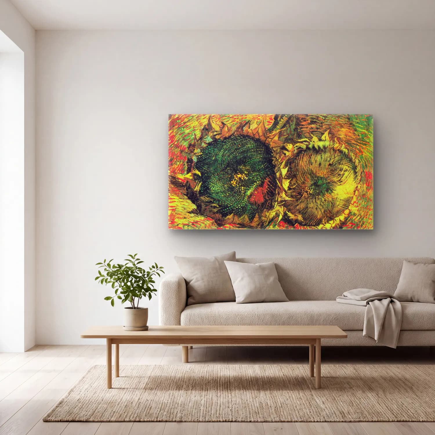 Vincent van Gogh – Two Cut Sunflowers cam tablo — açık renk salonda