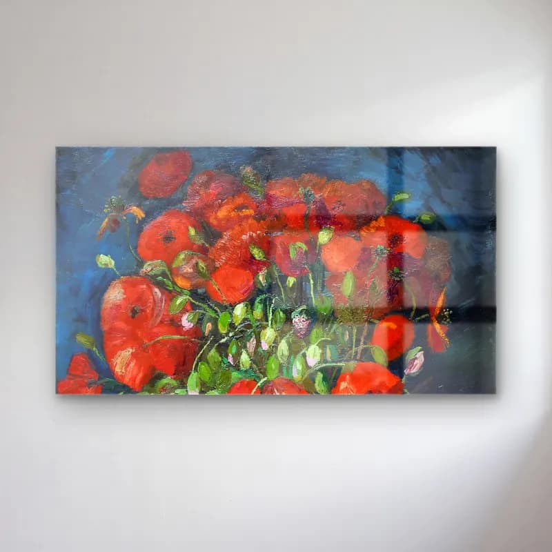 Vincent van Gogh – Vase with Poppies – Kırmızı Tonlar cam tablo — Vincent van Gogh – Vase with Poppies – Kırmızı Tonlar — empresyonist gelincikler
