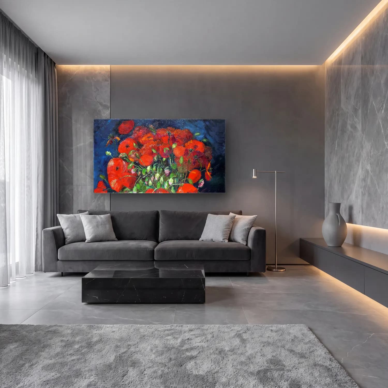 Vincent van Gogh – Vase with Poppies – Kırmızı Tonlar cam tablo — lüks salon duvarında