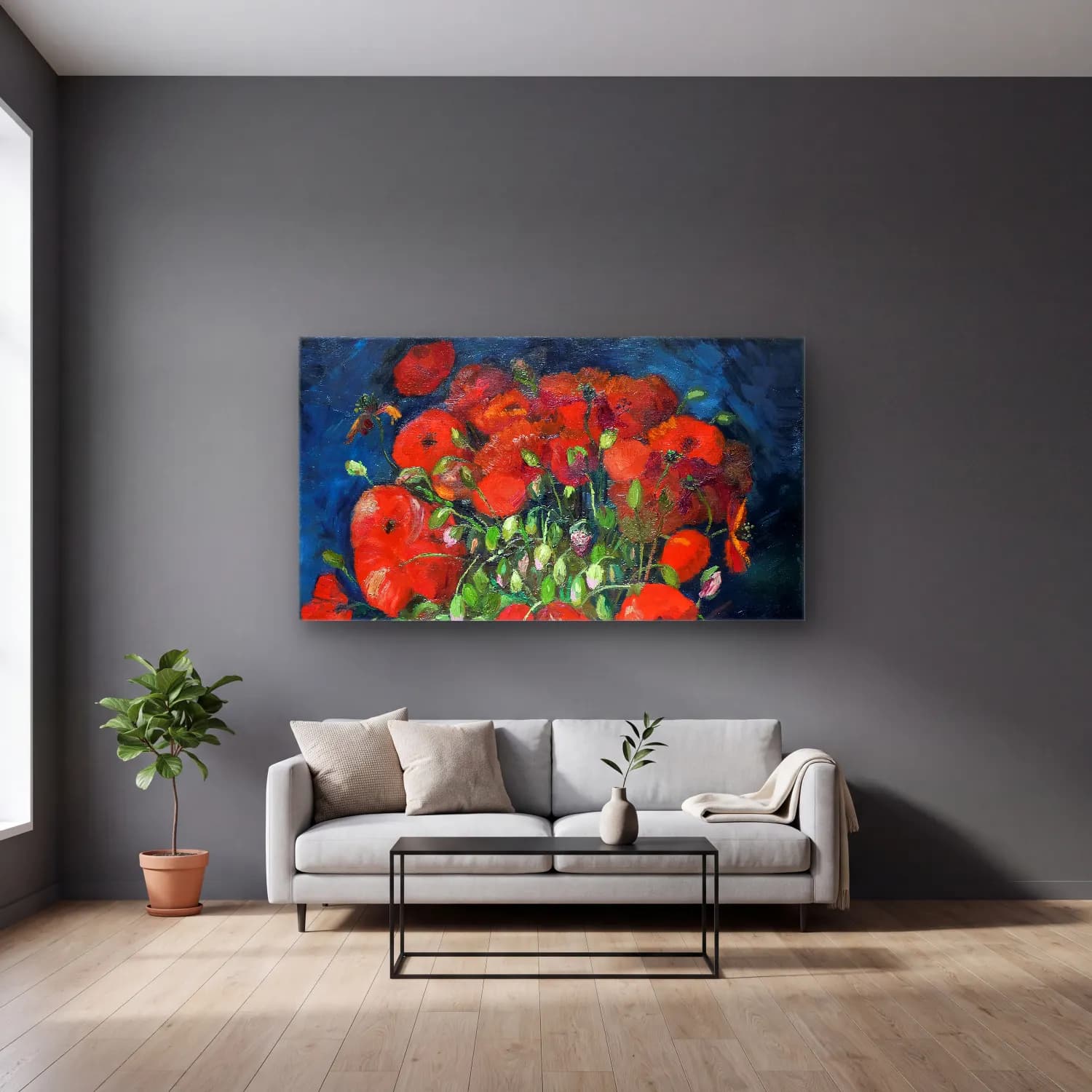 Vincent van Gogh – Vase with Poppies – Kırmızı Tonlar cam tablo — gri duvarlı salonda